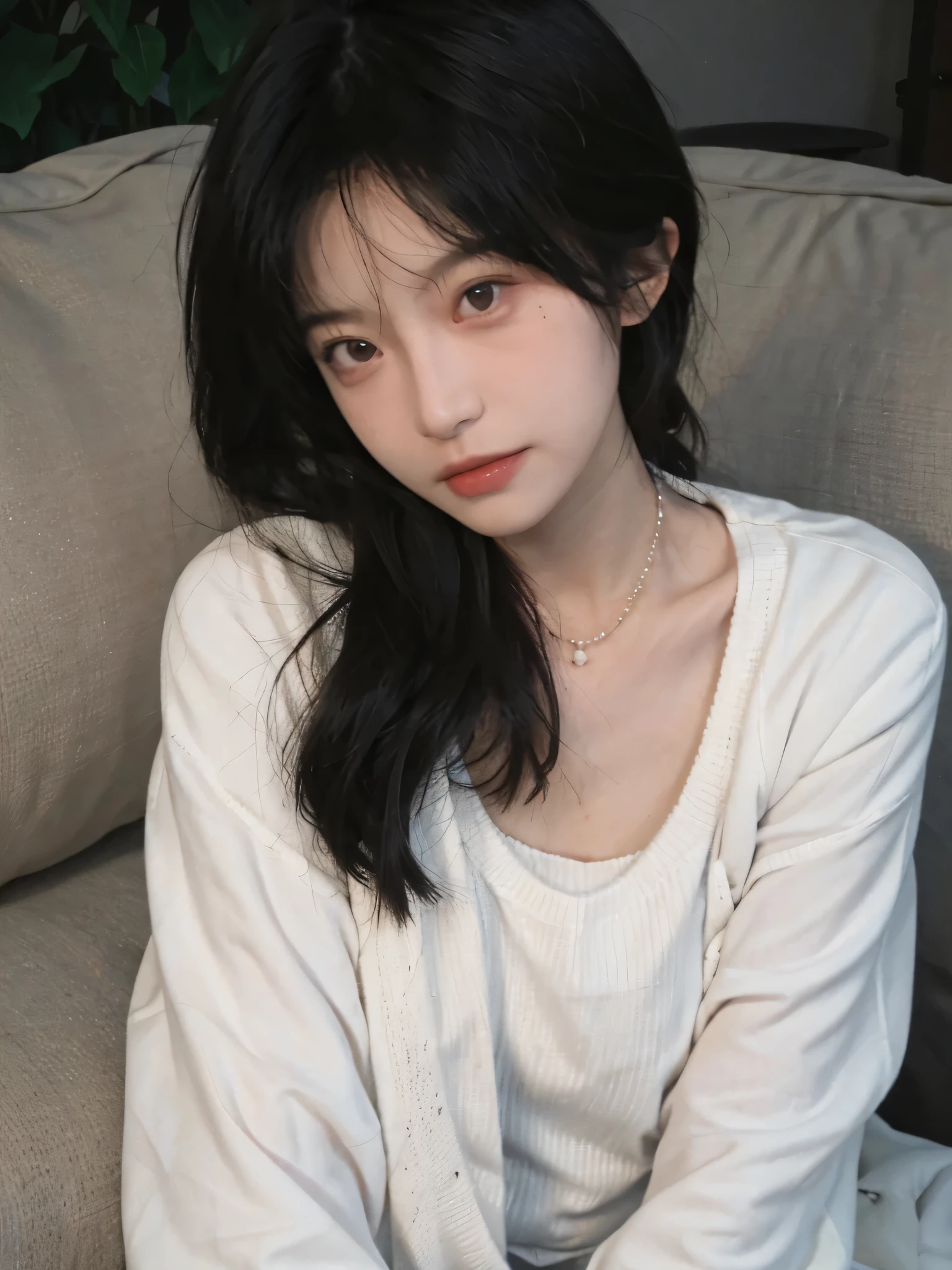 best qualtiy, Ultra-high resolution, (realisticlying:1.4),cute hairpin,1girll,with long coiled hair,Quartered sweater ,Blushlush,Beautiful woman with a slim figure:1.4, Pronounced abs,On the sandy beach,Ultra-fine face,Elaborate Eyes,double eyelid,choker necklace