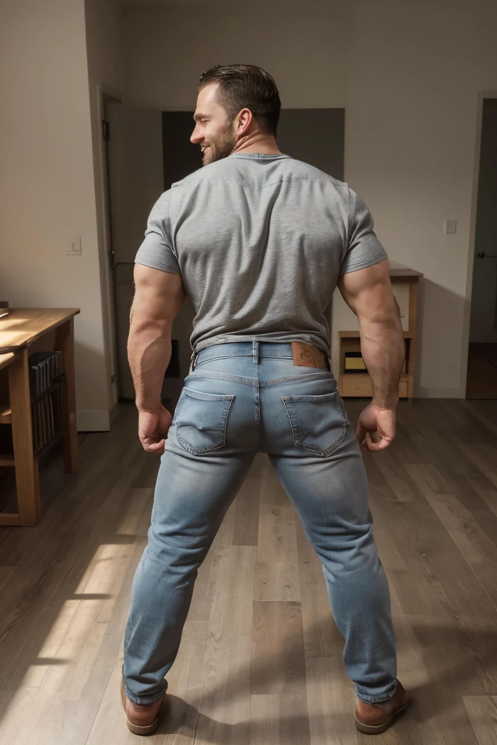 Award-winning original photoen, 30 years old man and wild muscular man, 40 years old, short beards, burly, hunk, wearing shirts, smilling happil, detailed, lovely, (((full body))), gray jeans (((backside))) bent over 
