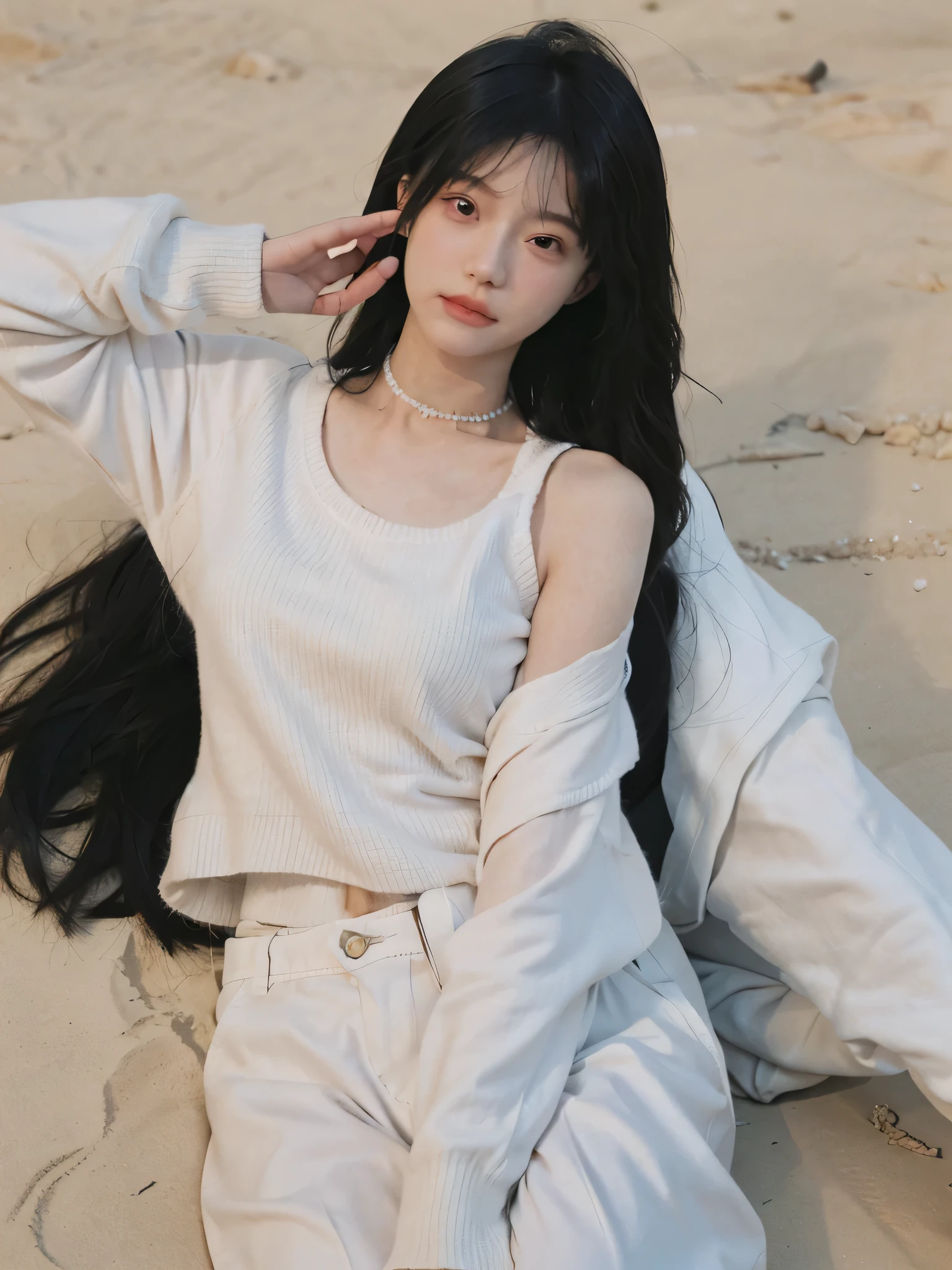 best qualtiy, Ultra-high resolution, (realisticlying:1.4),cute hairpin,1girll,with long coiled hair,Quartered sweater ,Blushlush,Beautiful woman with a slim figure:1.4, Pronounced abs,On the sandy beach,Ultra-fine face,Elaborate Eyes,double eyelid,choker necklace