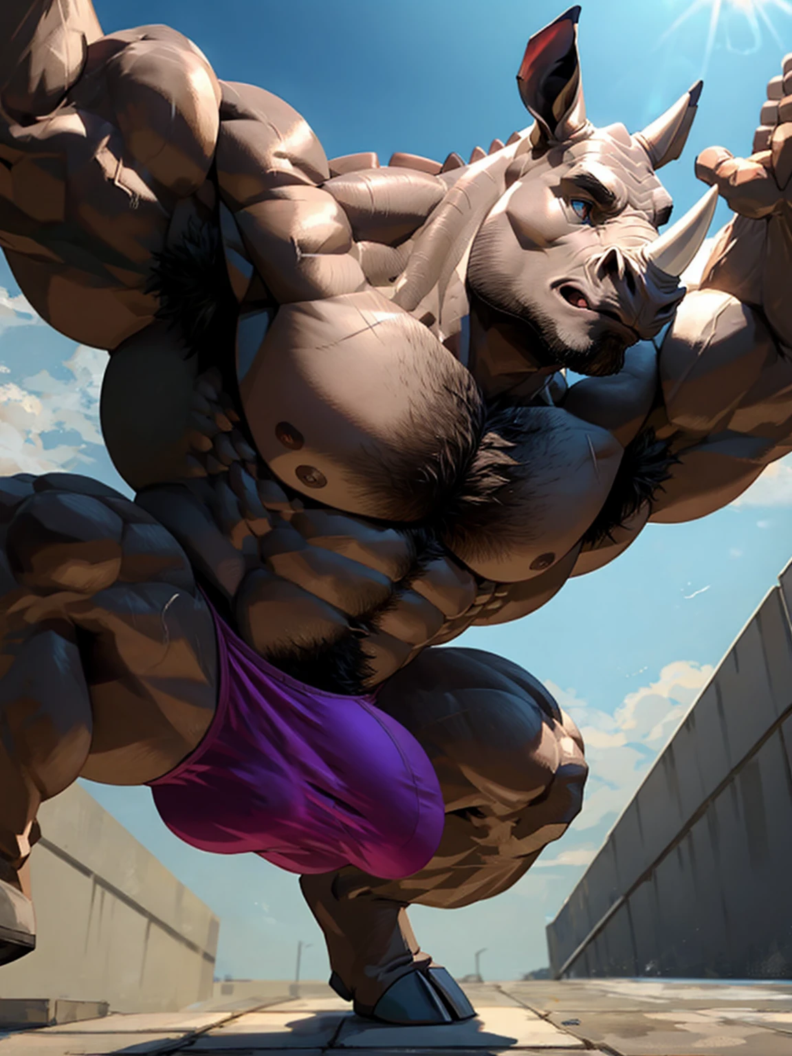 Muscular Rhino、Jumping pose、Very huge muscles、Rhino looking sideways、Extremely large bulging crotch underwear、Male genitalia outline、Lots of pubic hair、Very long armpit hair、Thick chest hair、Composition looking up from diagonally below、Roaring Rhino、Concrete Background、Pose with both hands raised up、thick torso、very short legs、Rhino Legs、Hairless head、Upward facing face、Rhino Tail