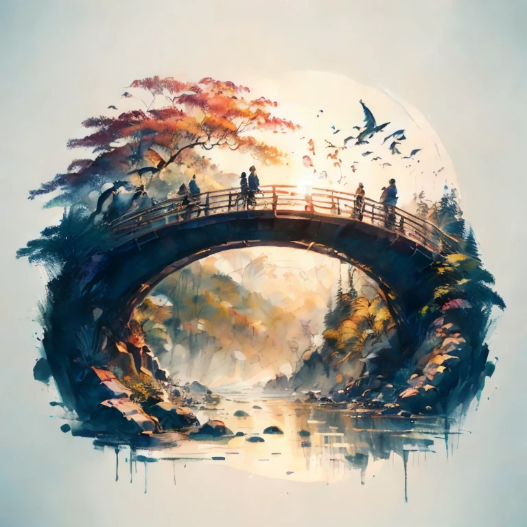 there is a picture of a bridge and people, walking along it, beautiful art UHD 4K, stunning artwork in 8k, beautiful artwork illustration, beautiful digital images, The art of scenery in detail, Highly detailed 4k digital art, highly detailed digital image, decorations, complex digital painting, detailed painting 4k, stunning digital illustration, Japanese art style, 4k highly detailed graphics, monochrome 