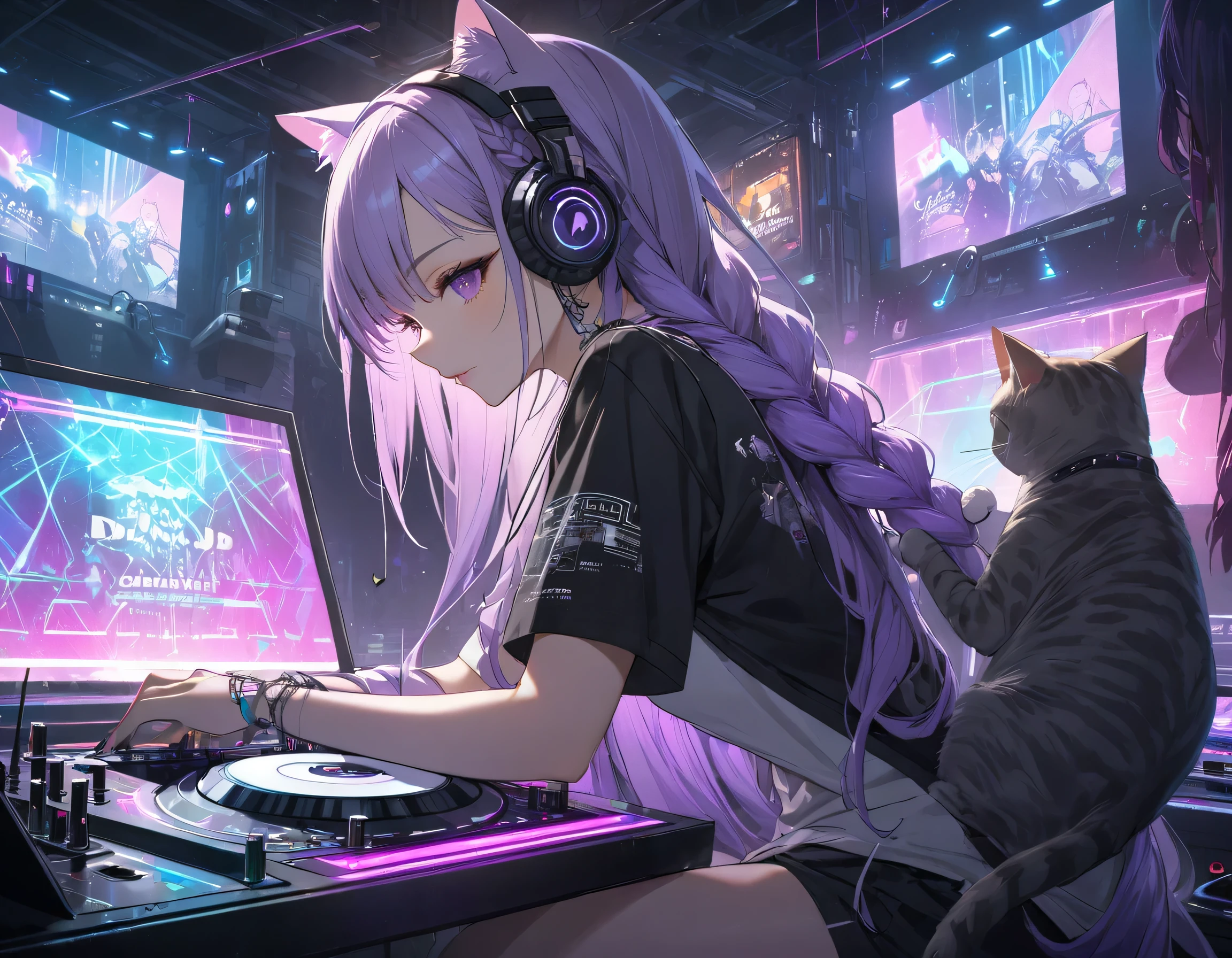 Girl with Cat, Girl DJing in a club, cyberpunk, White-purple gradient braided long hair twinkling lights, neon holography transparent cat sitting next to DJ equipment