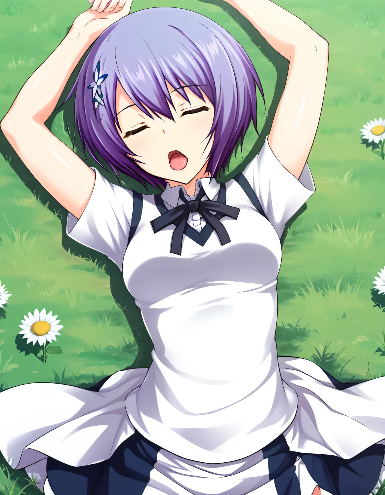 Shiina Miyako, purple hair, short hair, purple eyes, hair ornament, , short sleeves, white sweater vest, white shirt, white skirt, neck ribbon, black ribbon, high quality, looking at viewer, open mouth, on back, on grass, arms up, spread arms, expressionless, (cowboy shot:1.5), lying, best quality, play dead, tongue out, closed eyes, center,