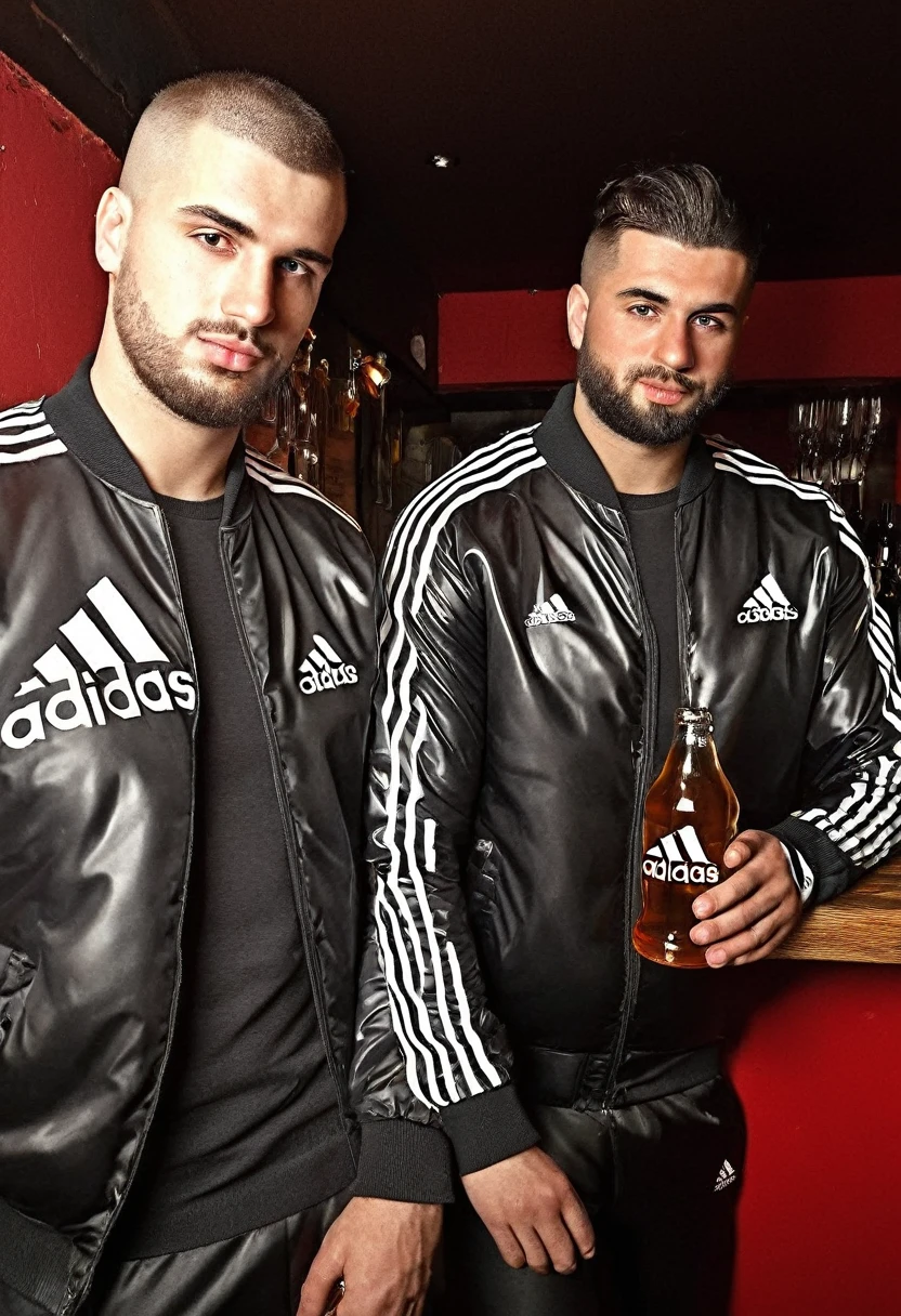 Graffiti urban style, portrait of medium body of two:chav guys handsome 35 year old Chavs,muscular and athletic,having a beer inside a bar in London, more scally men in the background, with beard, full red leather cap "adidas" in black shiny latex or nylon tracksuit++, ((low angle)), legs apart, dynamic pose, wearing a super inflated huge shiny black puffer jacket "Adidas"++,Extremely Realistic+++,depth of field:1.4, bulge, adidas tracksuit, detailed hand++, detailed hands++, perfect hand++, perfect hands++, masterpiece face++, masterpiece hands++, detaled hands, perfect hand, perfect body, perfect bulge, realistic, ultra textured skin:1.6, ultra textured cloth:1.6, super ultra textured materials:1.7, small details corrected, highly textured skin:1.5, textured clothing:1.7, perfect hands:1.7, hands without fused fingers:1.8