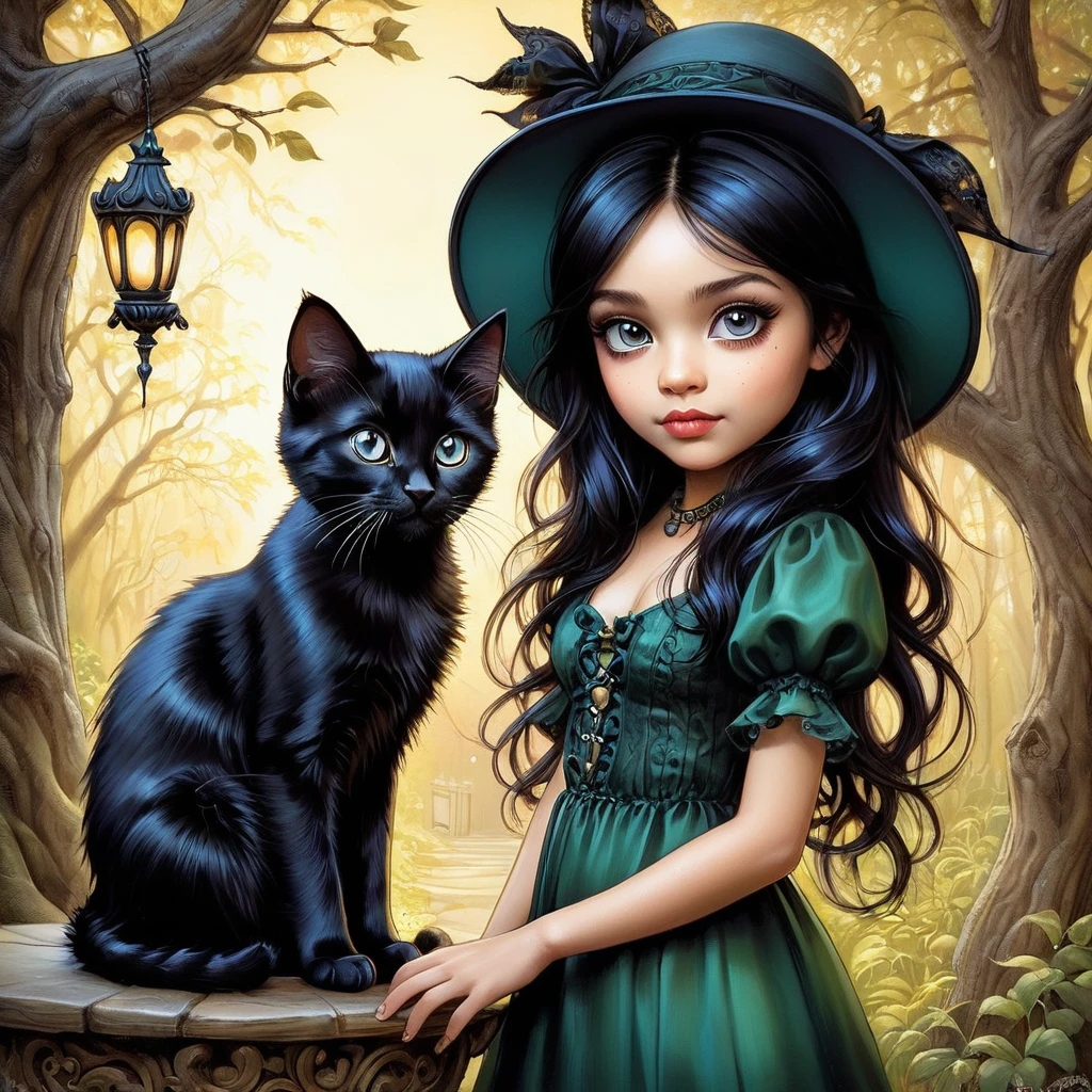 cute young big-eyed witch with a cute very big-eyed black very fluffy kitten, captured in the expressive Jonny Duddle style and reference Jasmine Becket-Griffith , airbrushed sketch, elegance emanating through perfectly balanced composition, deep, rich colors contrast against a pristine backdrop, confidence visually conveyed through the girl's posture, intricate detailslacework, digital art interpretation, coherent and brilliant execution, soft natural lighting adds volumetric depth, chiaroscuro, High Resolution, High Quality, Masterpiece