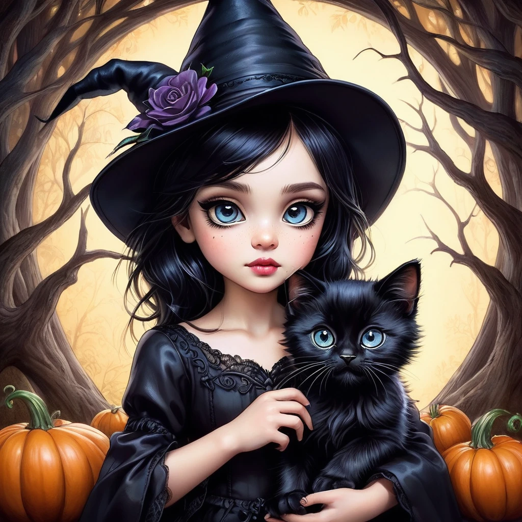 cute young big-eyed witch with a cute very big-eyed black very fluffy kitten, captured in the expressive Jonny Duddle style and reference Jasmine Becket-Griffith , airbrushed sketch, elegance emanating through perfectly balanced composition, deep, rich colors contrast against a pristine backdrop, confidence visually conveyed through the girl's posture, intricate detailslacework, digital art interpretation, coherent and brilliant execution, soft natural lighting adds volumetric depth, chiaroscuro, High Resolution, High Quality, Masterpiece