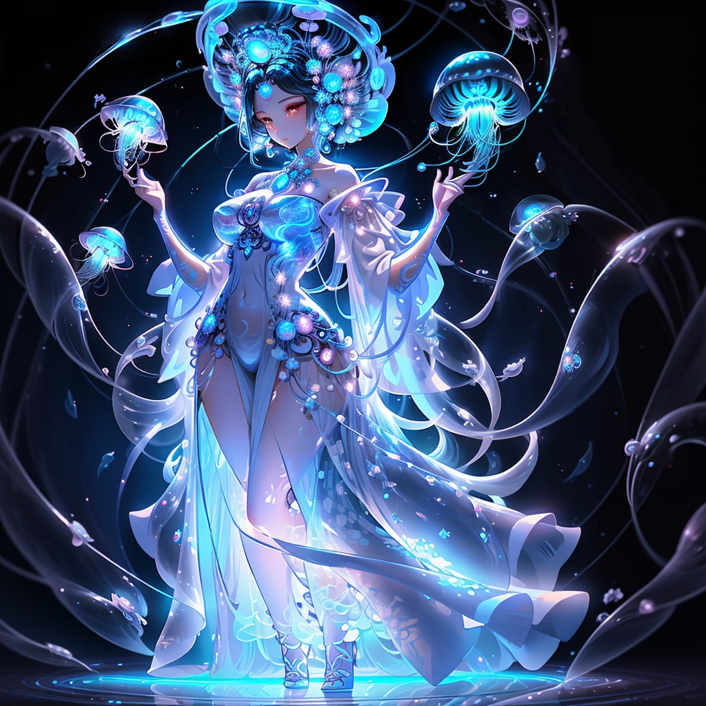 Anime Anthro Style, Breathtaking Jellyfish Goddess, Curvaceous Figure, Frontal View, Radiating Bliss

In this captivating illustration, a stunning jellyfish goddess graces the scene, her ethereal form showcasing a perfect blend of femininity and otherworldly beauty. The goddess is depicted in a full body view, her delicate and flowing body taking center stage. With an emphasis on her curvaceous figure, the illustrator has crafted a visually appealing image that captures the essence of joy and serenity.

The goddess appears as a beautiful jellyfish, her body adorned with iridescent scales that