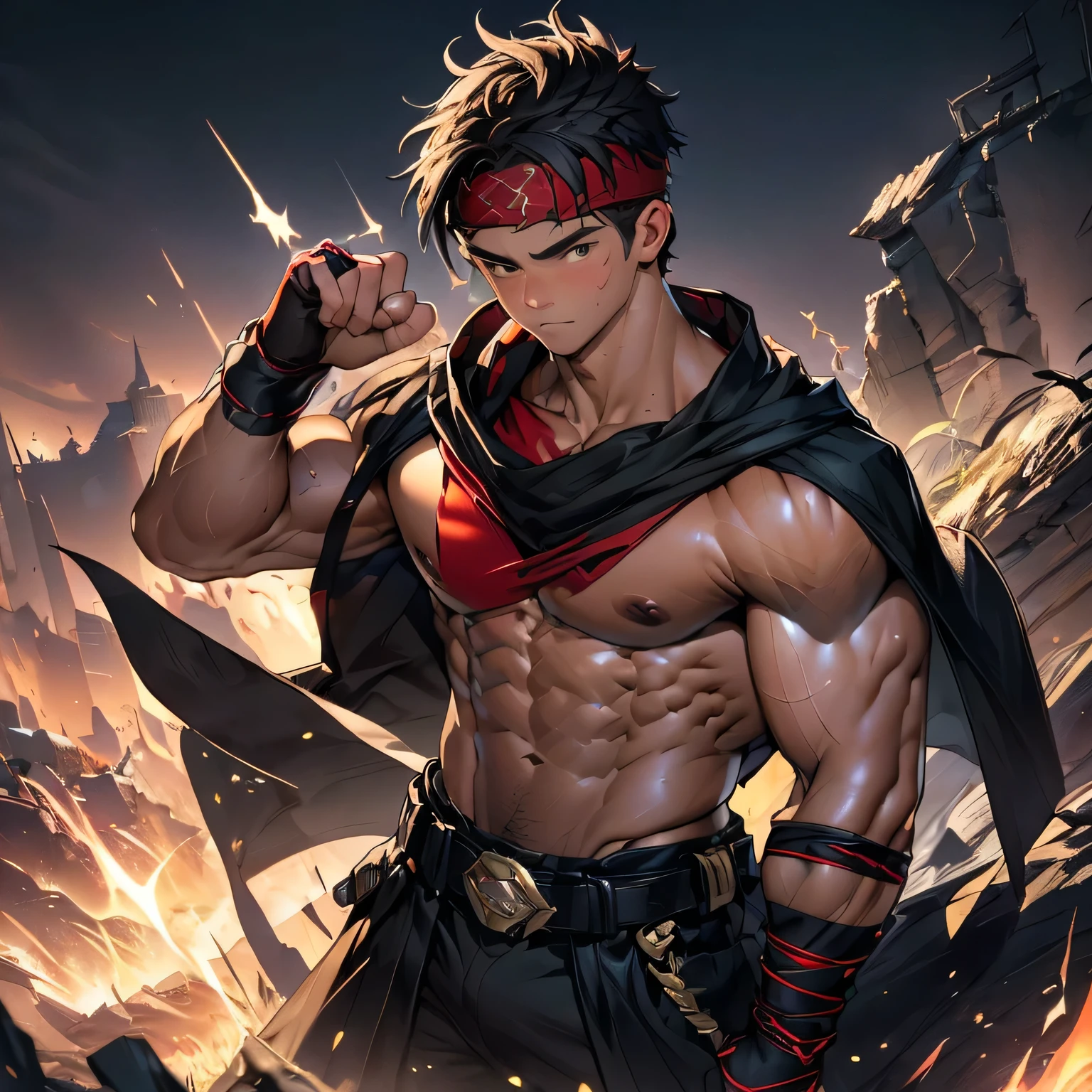 (Masterpiece, Best quality 19 year old boy, black background), solo, Young, boy, muscler, (Dark Short straight hair, under cut, brown eyes), (red headband, ((fingerless gloves, belt, black wristband, long cloak, tight sleeveless))), Vivid colors, muscler body, (aura power:1.4), detailed face, detailed muscle, (((A magical mystical aura, rippling muscles, chilling atmosphere, subtle color tones, dynamic pose, intense action scene)))