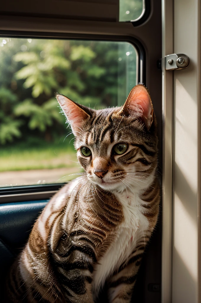 A family cat, tomcat, queencat with their kittens, taking a ride by bus on a sunny afternoon, adorable kittens looking outside through the glasses, beautiful detailed eyes of the queen cat, long whiskers, cute pink nose, small pink paws. Tom cat is huge, big head and big paws (best quality,4k,8k,highres,masterpiece:1.2),ultra-detailed,(realistic,photorealistic,photo-realistic:1.37),vibrant colors, natural lighting, feline portrait, soft focus, enchanting, magical realism