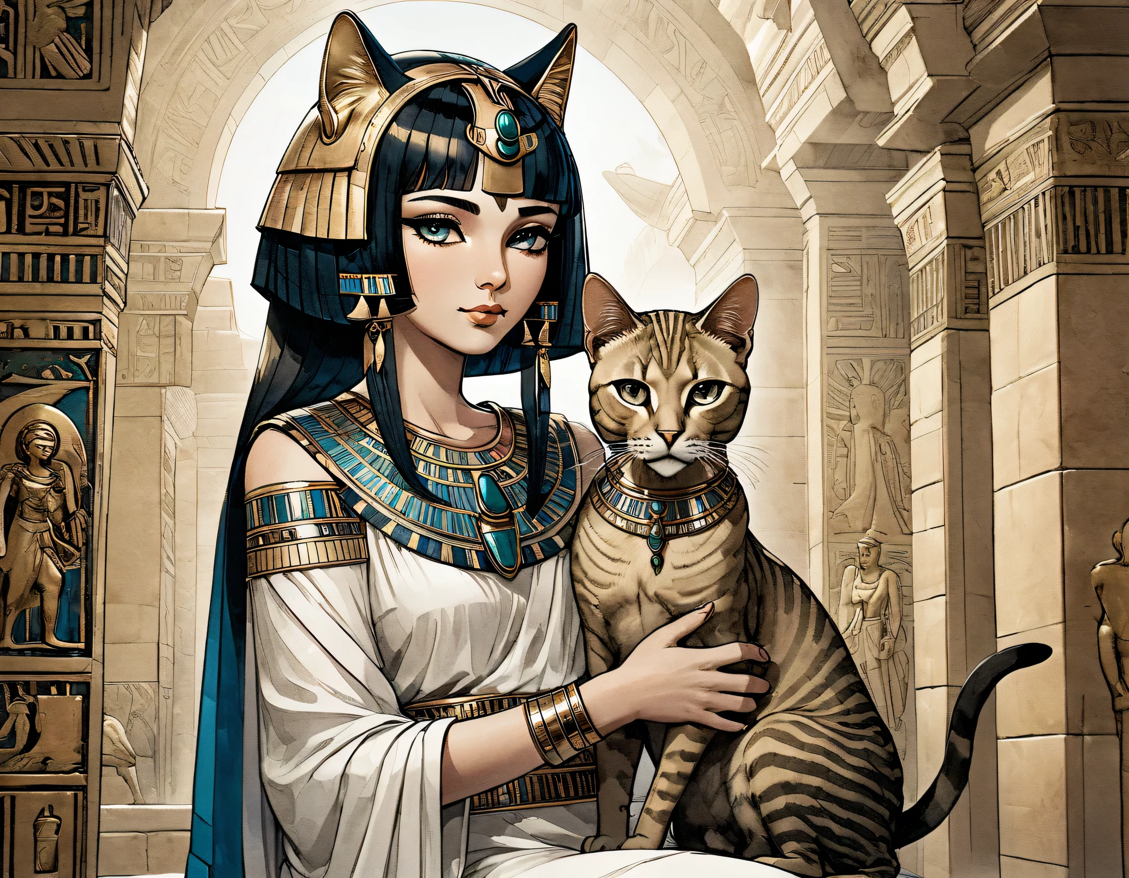 Illustration of Cleopatra as a girl and an Egyptian cat, intricate and detailed cat, held in Cleopatra's arms, graceful, elegant, ornate, sphinx in background