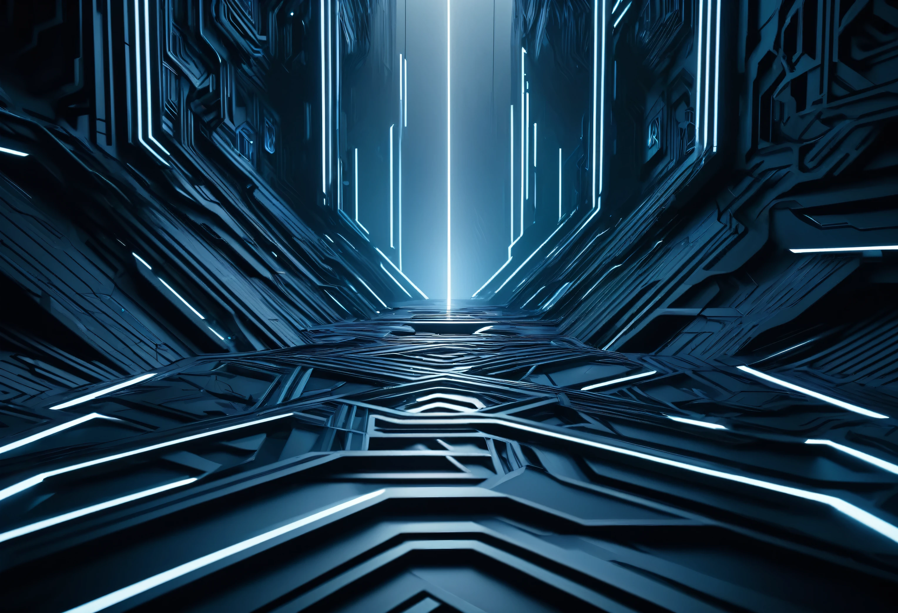 3d abstract background, abstract futuristic landscape, advanced 3d render, cinematic lighting, dark mood, dramatic lighting, epic sci-fi scene, floating geometry, intricate shapes, intricate structures, intricate design, moody lighting, organic shapes, photorealistic, precise details, ray-traced, seamless, sleek design, stunning visuals, surreal environment, symmetrical patterns, technologically advanced, ultra-detailed, volumetric lighting, winding pathways