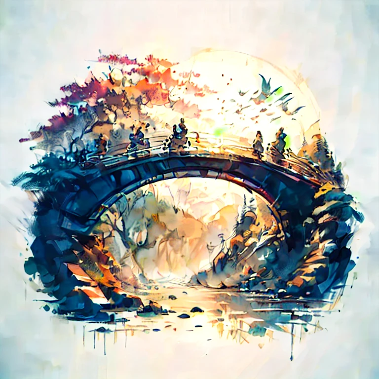 there is a picture of a bridge and people, walking along it, beautiful art UHD 4K, stunning artwork in 8k, beautiful artwork illustration, beautiful digital images, The art of scenery in detail, Highly detailed 4k digital art, highly detailed digital image, decorations, complex digital painting, detailed painting 4k, stunning digital illustration, Japanese art style, 4k highly detailed graphics, monochrome 