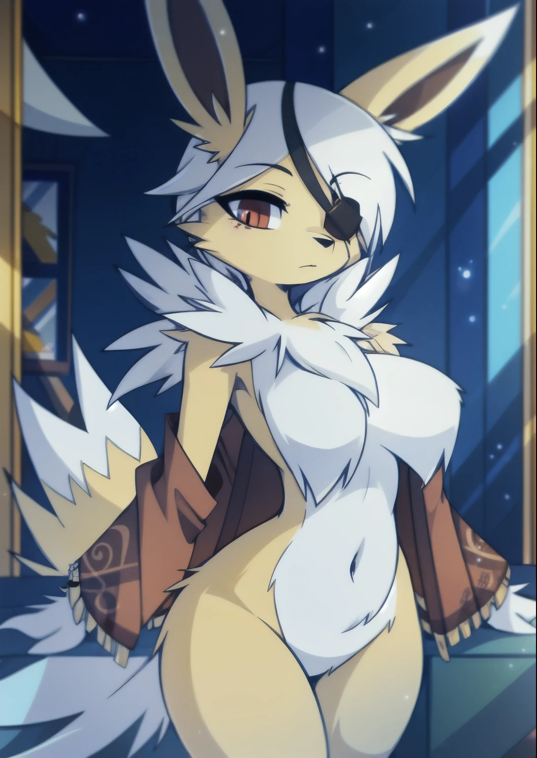 ((masterpiece, best quality)), (Pokémon), (jolteon) (furry), Detailed, Intricate Details, solo, one character, eye patch, best quality, (female), fluffy fur, (2 ears), navel, breast, long white hair, fluffy fur neck, good anatomy, wide hips, black poncho