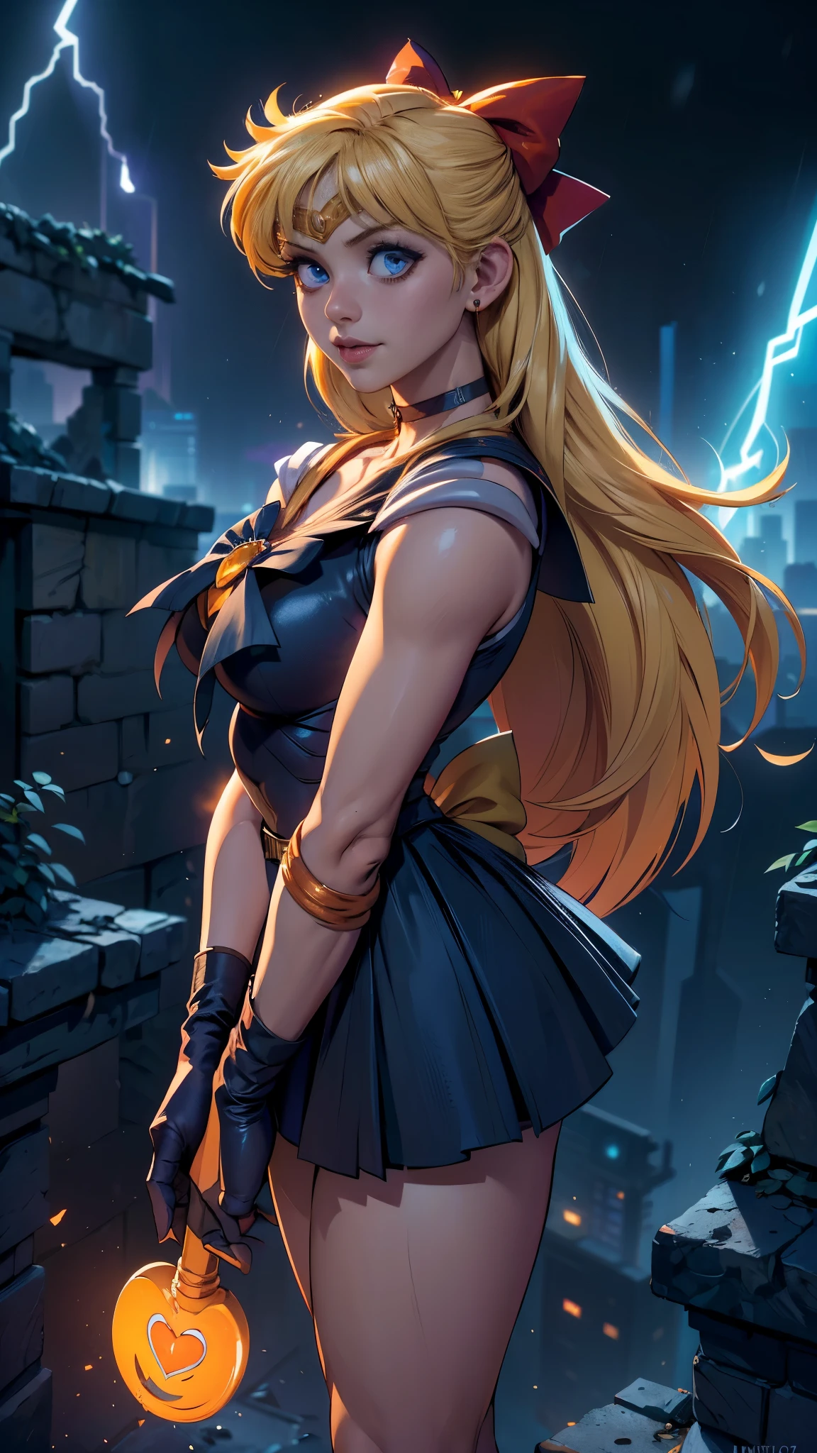 (masterpiece, best quality;1.3), very detailed CG, very detailed, 1 girl, alone,  laugh,  looking at viewer, stylish angle, blonde long hair,blue eyes,
sv1, Sailor Sensi Uniform, Orange skirt, elbow bag, tiara, Orange Sailor Color, red bow, Orange Choker, white gloves, bijouterie, from above,,(Fondo de ruinas de mazmorra en ruinas cyberpunk :1.4 )
I have a lot of heart, face focus,venus,hurricane,abstract background, galaxy background,(Sailor Venus:1.4), (Sailor Venus V2.1), ,(Fondo de ruinas de mazmorra en ruinas piedras grandes cyberpunk :1.4 ),(perfect anatomy :1.4), (cinematic lighting :1.4),( dynamic cowboy pose), (fondo lluvia cayendo nublado tenebroso :1.4) 