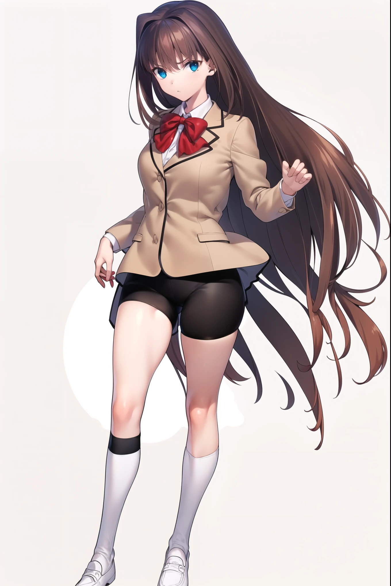 8k, high quality, AokoSchoolUniform, ((1girl)), solo, ,(chestnut-brown hair with reddish undertones), perfect face, red bowtie, beige blazer, (((dark brown pleated mini skirt:0.9))), (black spandex shorts:1.4), (nice thighs:1.4), thigh high black stockings, brown loafers, (standing, (full body), (white empty background:1.3)
