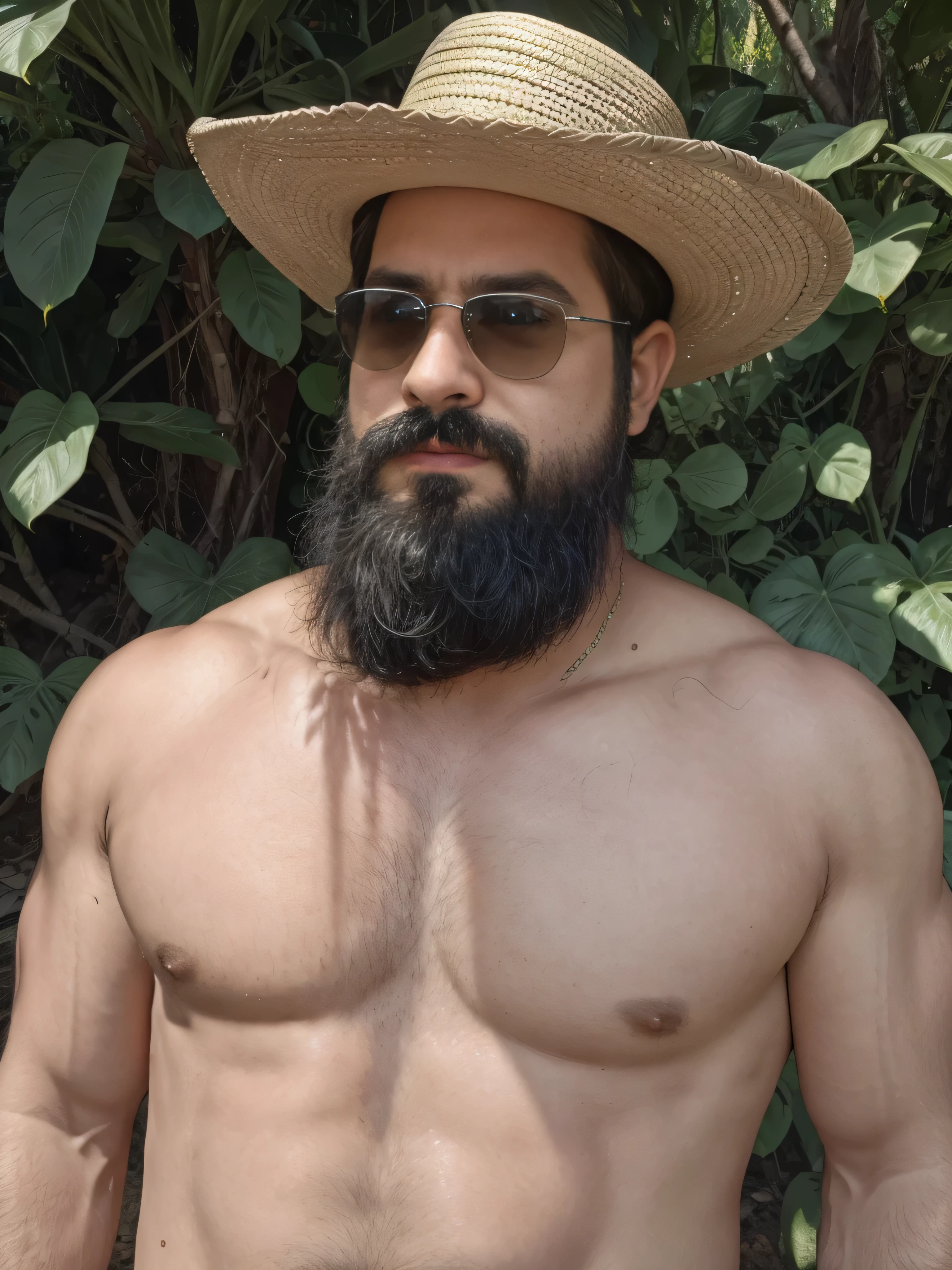 A man with a beard and dark sunglasses, wearing a charro suit with a wide-brimmed sombrero, detailed face, medium shot upper body, beautiful Copper Canyon landscapes, deep gorges, lush vegetation, highly realistic, photorealistic, 8k, best quality, masterpiece