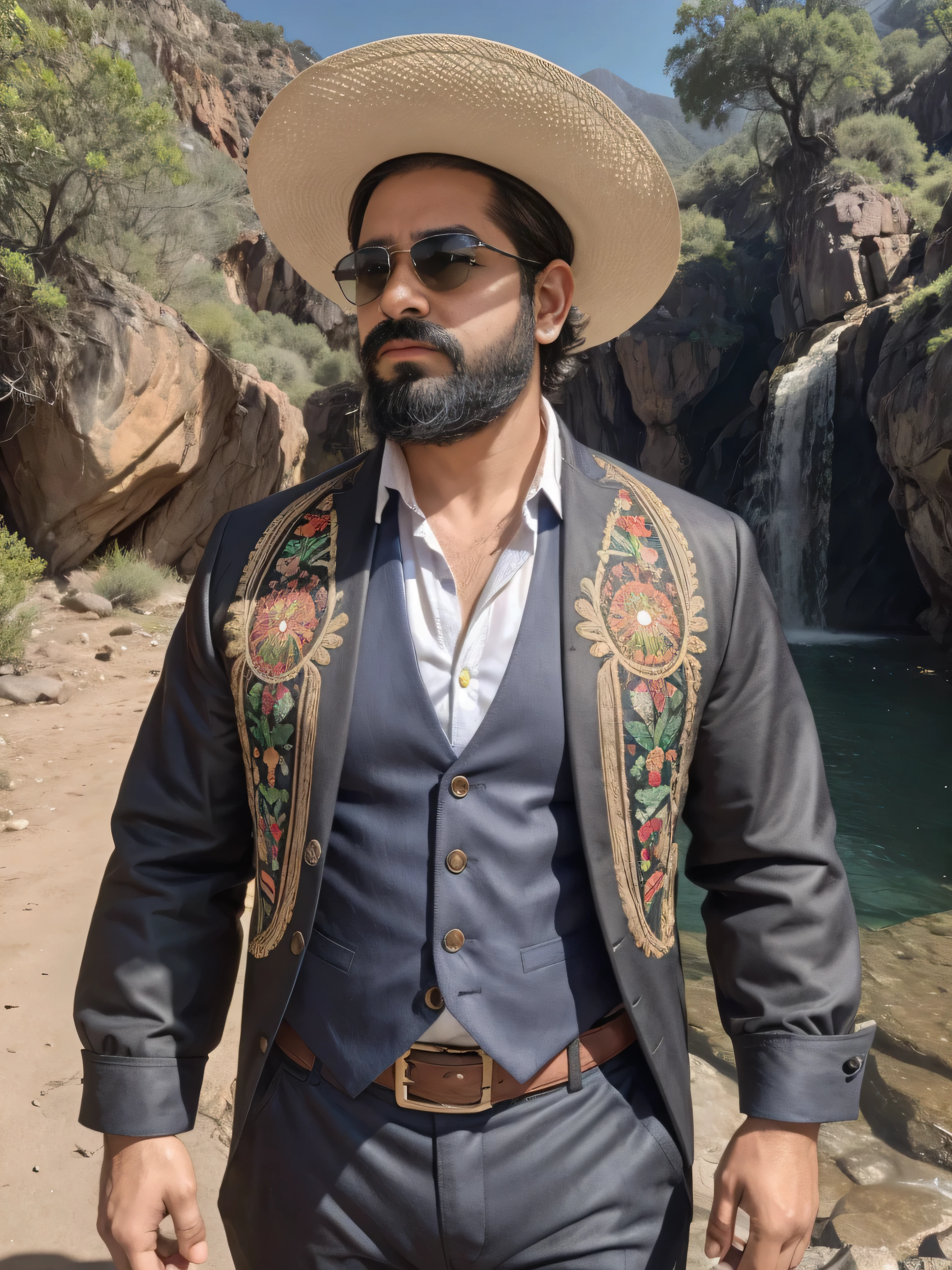 a mexican man with a detailed beard, detailed sunglasses, wearing a traditional charro outfit with an ornate wide-brimmed sombrero, an embroidered jacket and pants, standing in front of the stunning copper canyon landscape with deep gorges and lush greenery, close-up medium shot, extremely detailed, photorealistic, 8k, best quality, highly realistic