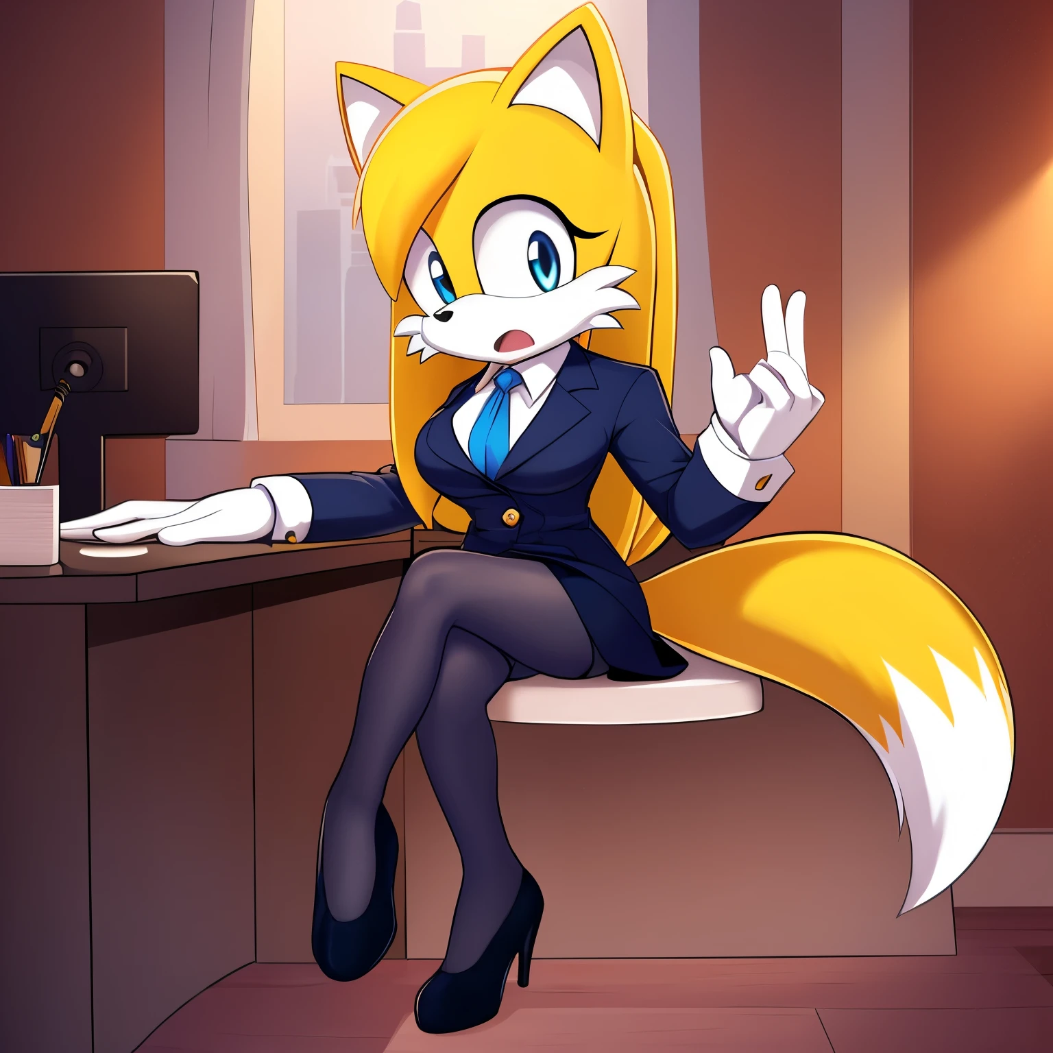 score_9, score_8_up, score_7_up, 2D, ((Masterpiece)), high quality, studio quality, solo, 1girl, (((Tails the Fox but female))), Female Tails, Female, Mobian, Fox, (((light yellow fur))), (((long light yellow hair))), light blue eyes, medium breasts, Jewel cosplay, Jewel the Beetle cosplay, Jewel’s outfit, looking at viewer, (embarrassed expression), office, desk, window, evening, lower back length hair, long hair, hair bangs, (nervously/scared), furry female anthro, sitting, sitting with one leg over the other, looking at viewer, she wears a french pink blazer with two navy buttons, a white cravat attached to a gold brooch with a medium blue gem, a matching french pink miniskirt, white gloves with navy cufflinks, navy tights, and french pink high heels