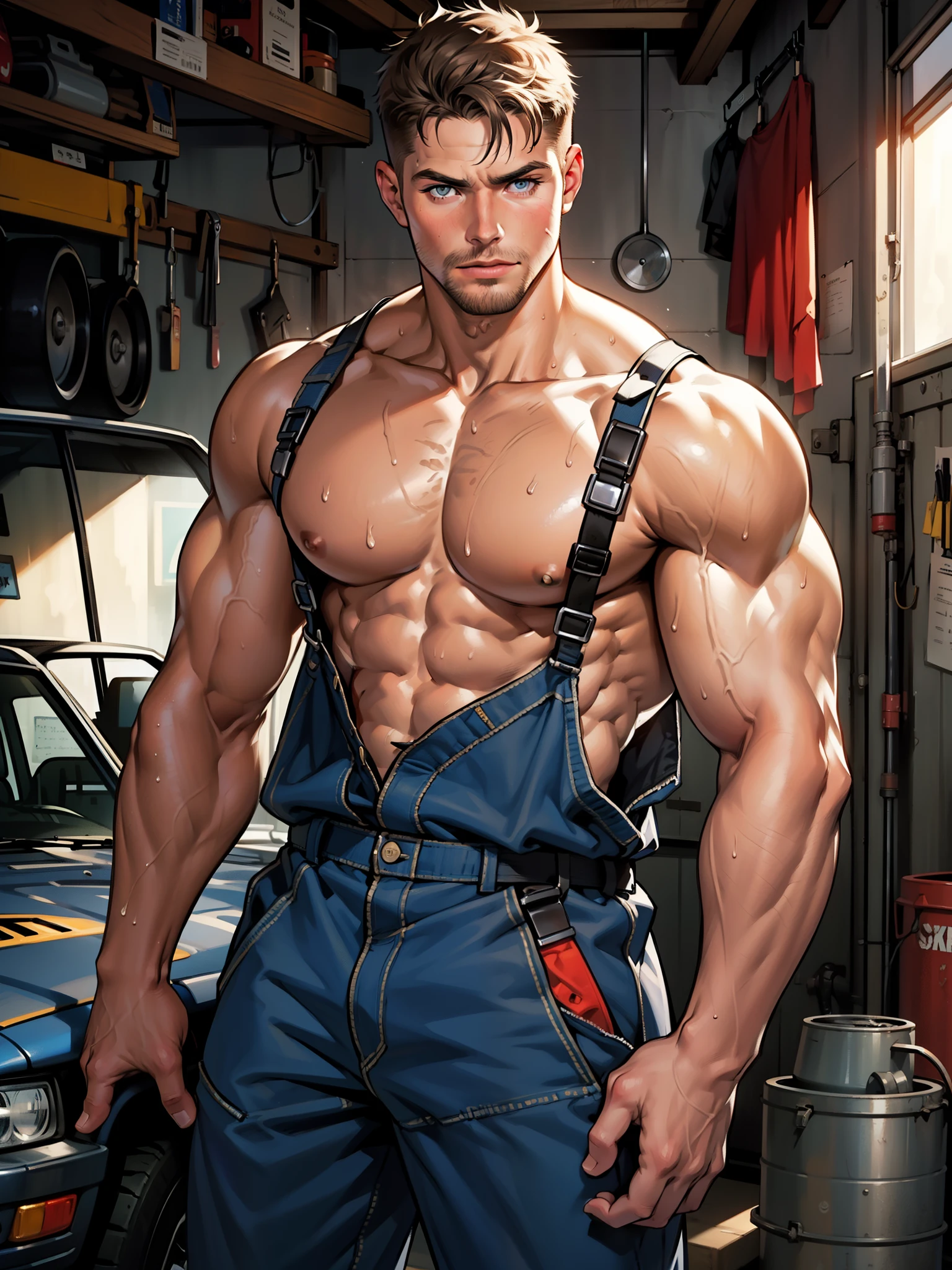 NSFW ,masterpiece , 8k , best quality ,very very detailed face , natural eyes, 1man, young man, boy, muscled and mature, stephen amell as a mechanic wearing totally unbuttoned overall, showing COCK , his nipples and muscles , mechanic tools , sweating, tight cloth, , full body view , working on a car