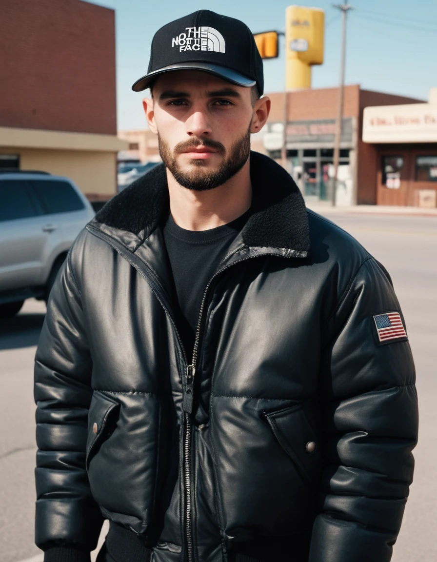 candid cinema, 16mm, color graded portra 400 film, remarkable color, textured skin, remarkable detailed pupils, visible skin detail, skin fuzz, dry skin, ((full view))), ((full body complete:1.8))), RAW low contrast photograph of a chav, 20 year old tall and lanky Caucasian handsome guy, some beard, He has dark brown buzz cut and freckles on his face, (Stubble:1.9), (Masculine:1.5), mild body hair, scally guys, full body, with a very shiny and huge black nylon puffer jacket "the north face":1.7, (wears a black leather cap:1.8)++, he is looking down at the viewer angrily, (partially tattooed on face, neck and hands;1,8), The photo is taken from outside on a sunny day on the side of the road outside a town in the arid geography of the USA from a low angle.