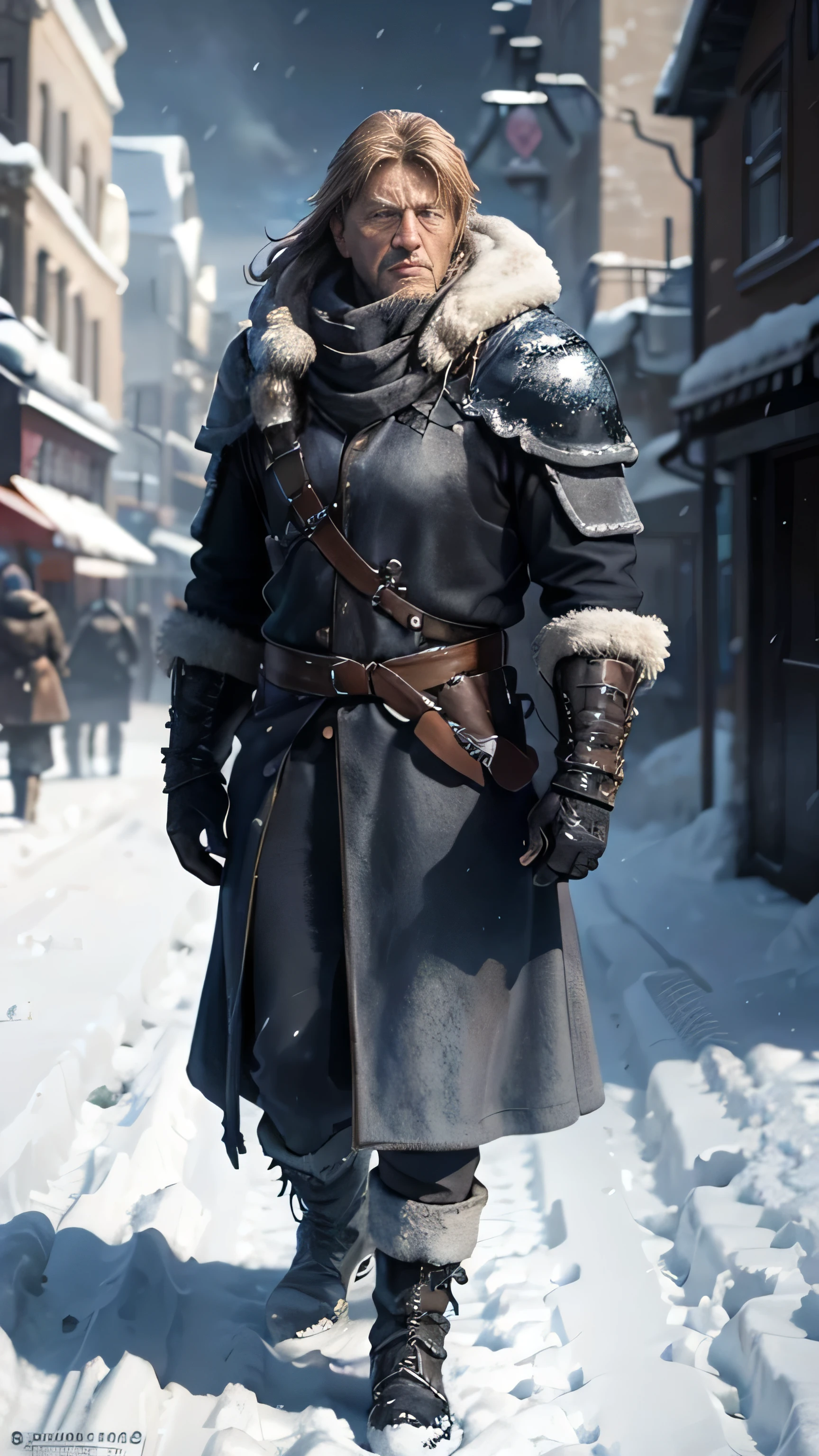 frostpunk, (Sean Bean) as Eddard Stark, stubble, blue armor coat, fur, boots, standing, in a city, cold, winter, snow, (1man), (solo), (full body view), beautiful detailed glow, detailed, cinematic light, intricate detail, realistic, highres, detailed facial features, high detail, sharp focus, smooth, aesthetic, extremely detailed, stamp, octane render