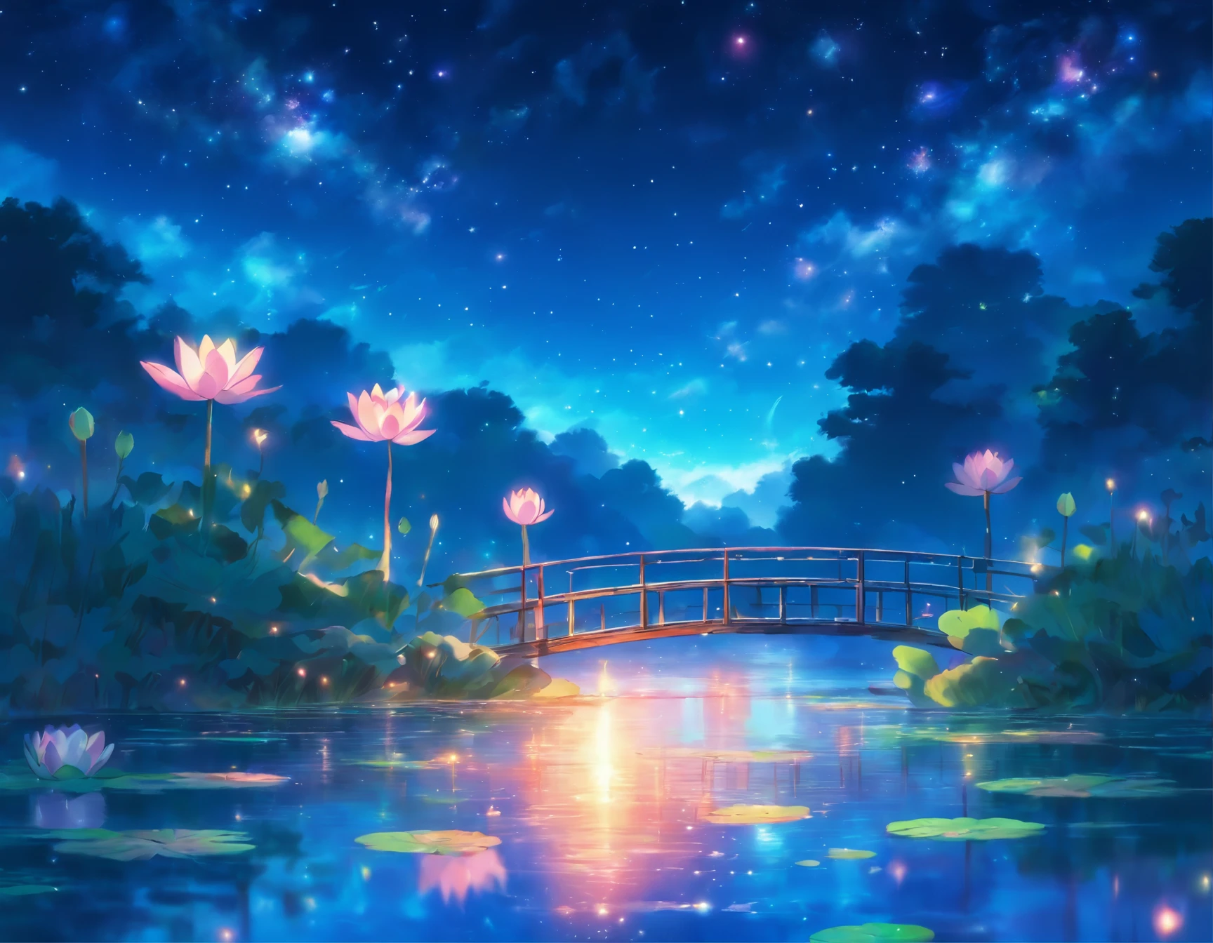 Colored line drawing night tranquil starry sky and lake water, water lily, bridge, highly realistic and detailed painting, crayons, colored pencil