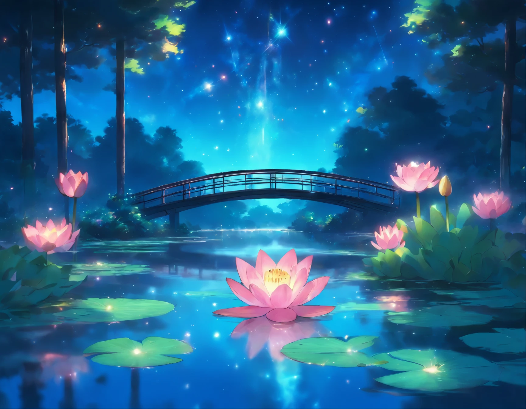 Colored line drawing night tranquil starry sky and lake water, water lily, bridge, highly realistic and detailed painting, crayons, colored pencil
