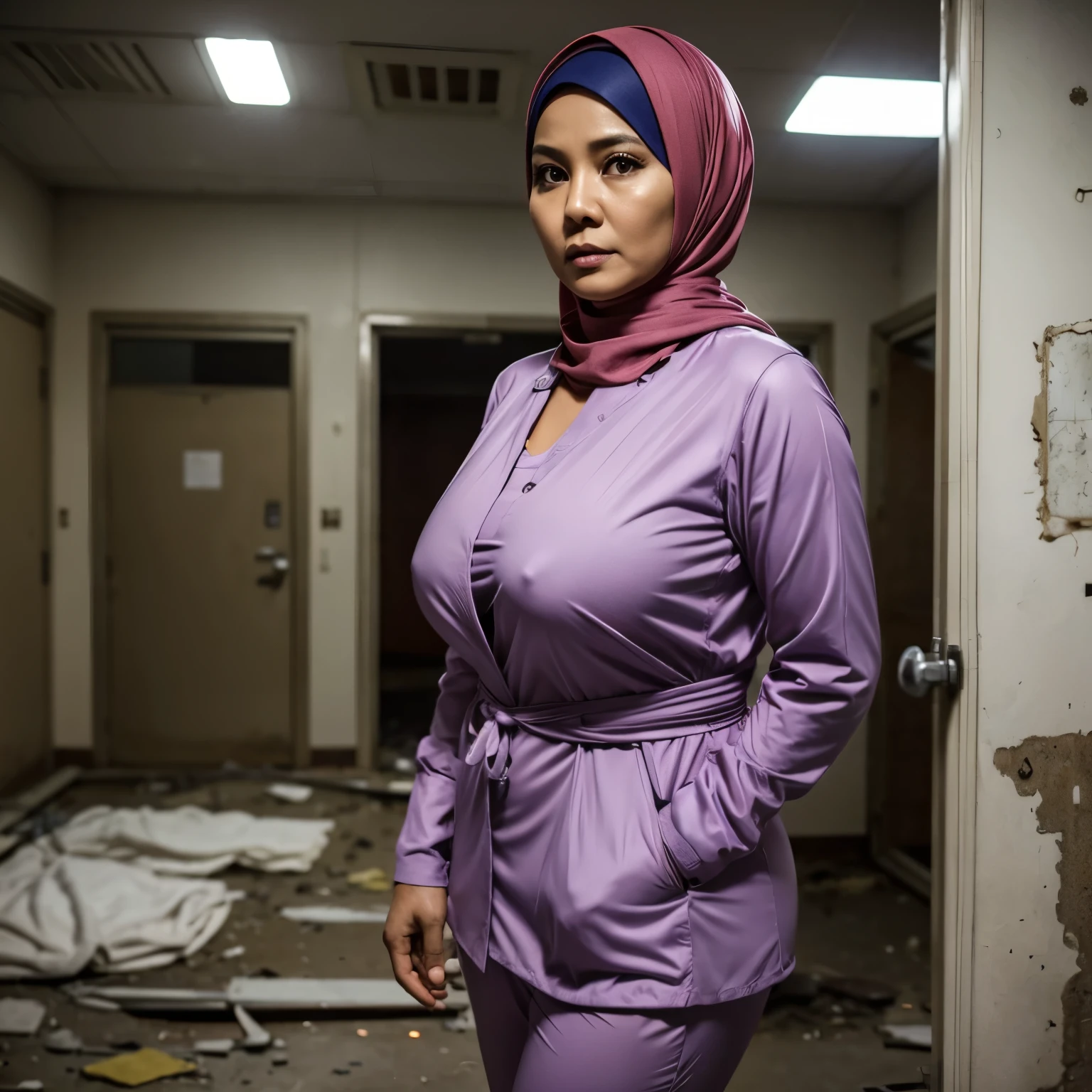 50 years Old, Hijab Indonesian mature woman, Big Tits: 99.9, doctor suit, Tight clothes : 1.9, ((at Abandoned Hospital Ward)), bright light, at Nighttime.
