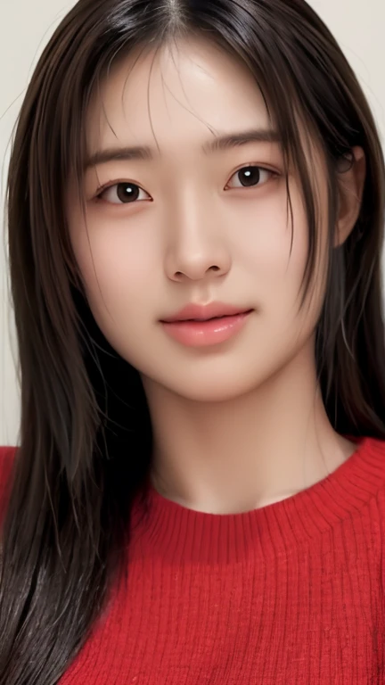 a half body portrait, (​masterpiece:1.3), (8K, Photorealistic, Superior Image Quality: 1.4), young woman, neckline:1.2, Super detailed face, Detailed light black eyes, sharp focus:1.2, pretty woman:1.4, black hair, top quality, masterpiece, Super high resolution, (Photorealistic: 1.4), Professional and highly detailed light smile, red knitwear, happy facial expression, long hair,,chans