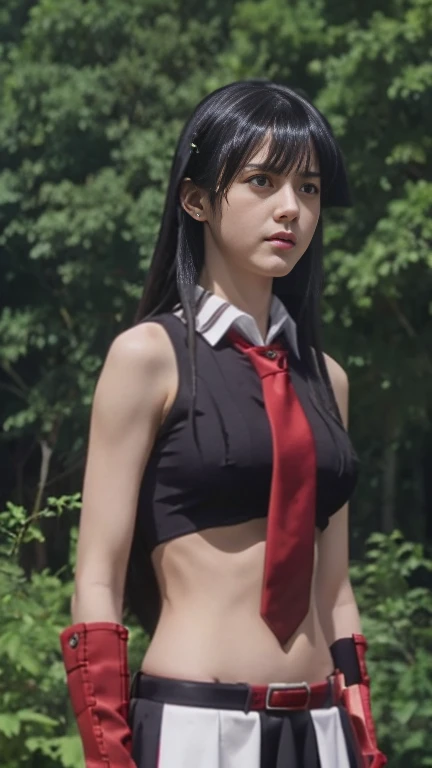 pretty, young, girl, long hair, black hair, red color eyes, bangs, dark shirt, sleeveless, white collar, red tie, very small breast, black gloves, black skirt, upper body, white skin, 30 year old, beauty, 1 girl, intimidating, look put hands behind head, armpits, armpits visible, in forest