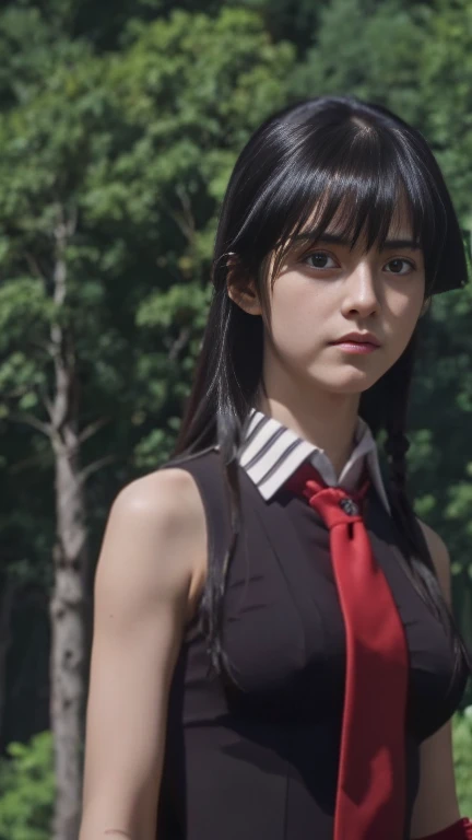 pretty, young, girl, long hair, black hair, red color eyes, bangs, dark shirt, sleeveless, white collar, red tie, very small breast, black gloves, black skirt, upper body, white skin, 30 year old, beauty, 1 girl, intimidating, look put hands behind head, armpits, armpits visible, in forest