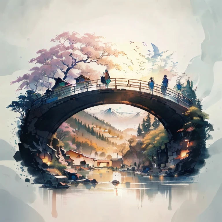 arafed view of a chinese village with a river and a clock, 2 5 6 x 2 5 6, 256x256, chinese watercolor style, dreamy chinese town, japan watercolour, onmyoji, by Ni Duan, by Leng Mei, by Ni Zan, sumi - e, by Ren Renfa, sumi-e