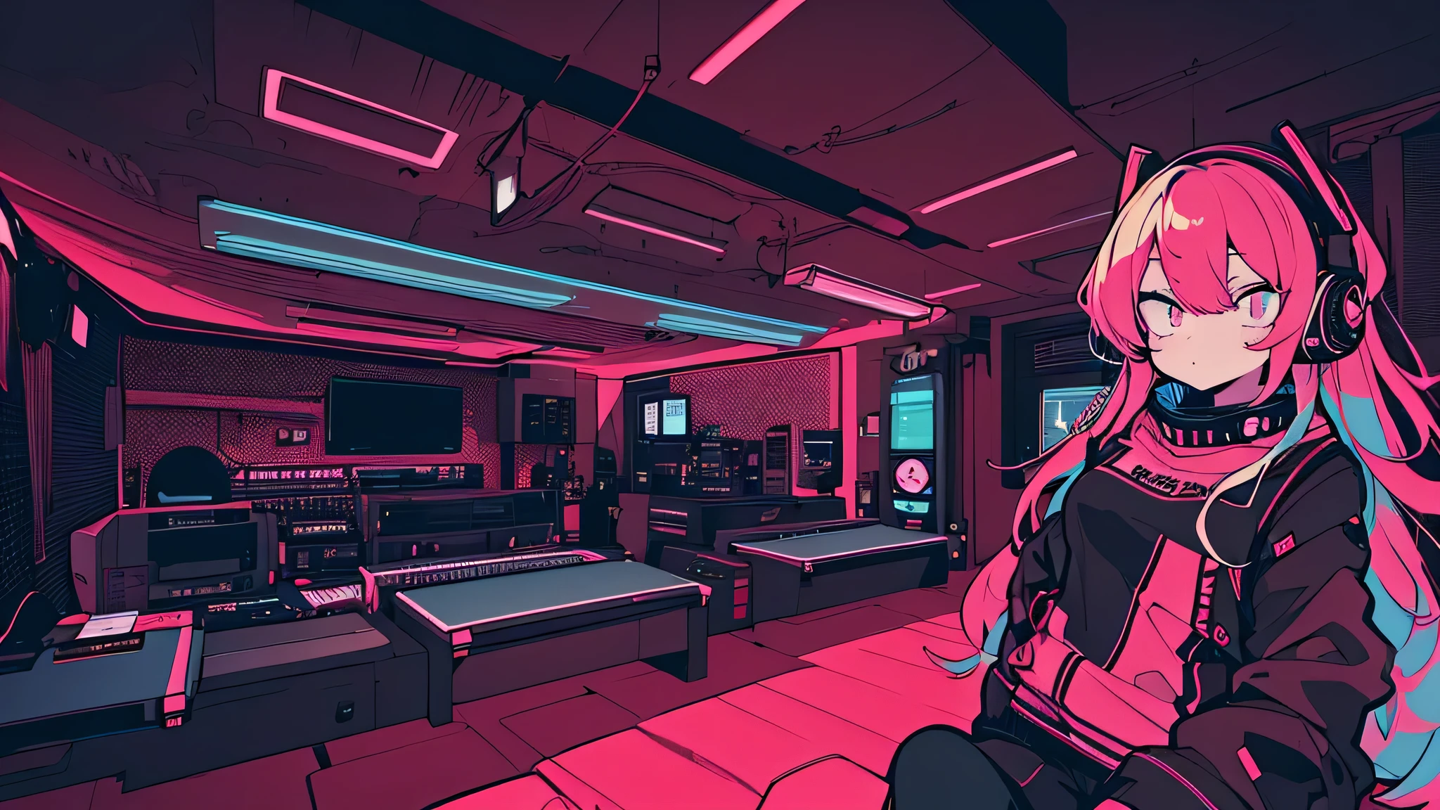 Best quality, (masterpiece:1.2), best detail face,1 girl, big breasts, 18 yo, 8k,absurdres,unity 8k wall paper,(extremely detailed:1.3), highest realistic, (headphones:1.1), (soft neon light:1.1), (floating hair:1.2), (psychedelic:1.2), Her room full of music equipment, loungewear, (((Roland TB-303 Synthesizer))), loose loungewear, Looks listless, See the whole room, dark red color palette