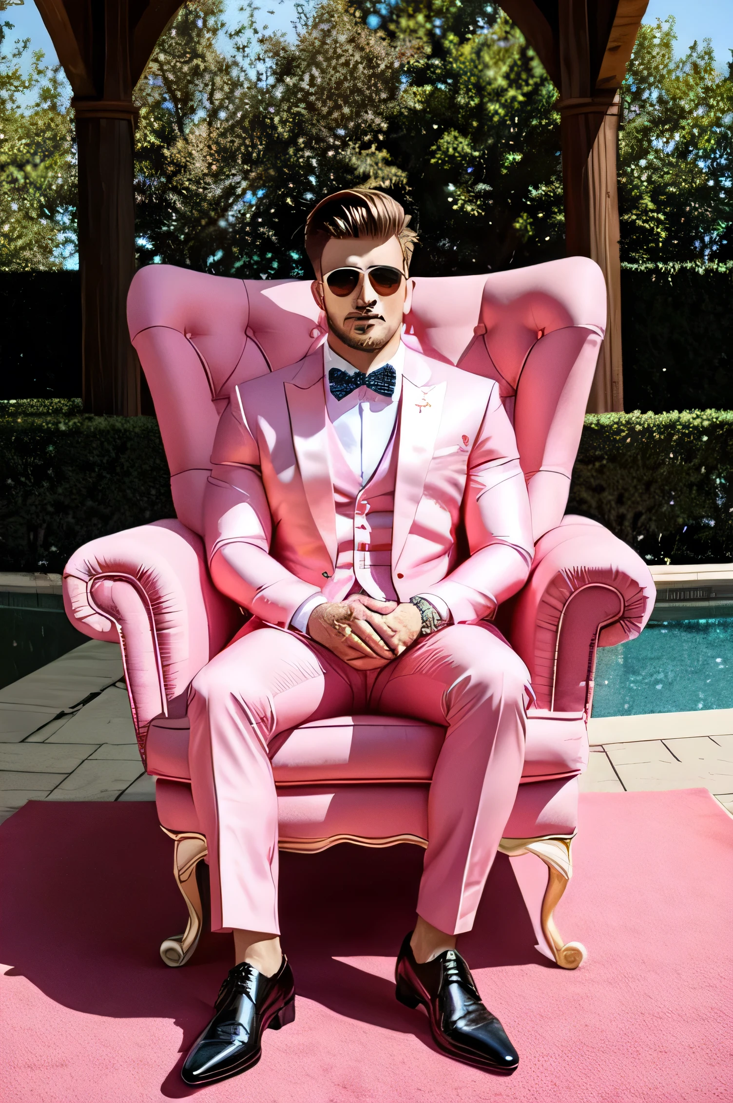 handsome, pink theme, pink formal attire, sitting in a big pink chair, shows full body, wearing sunglasses