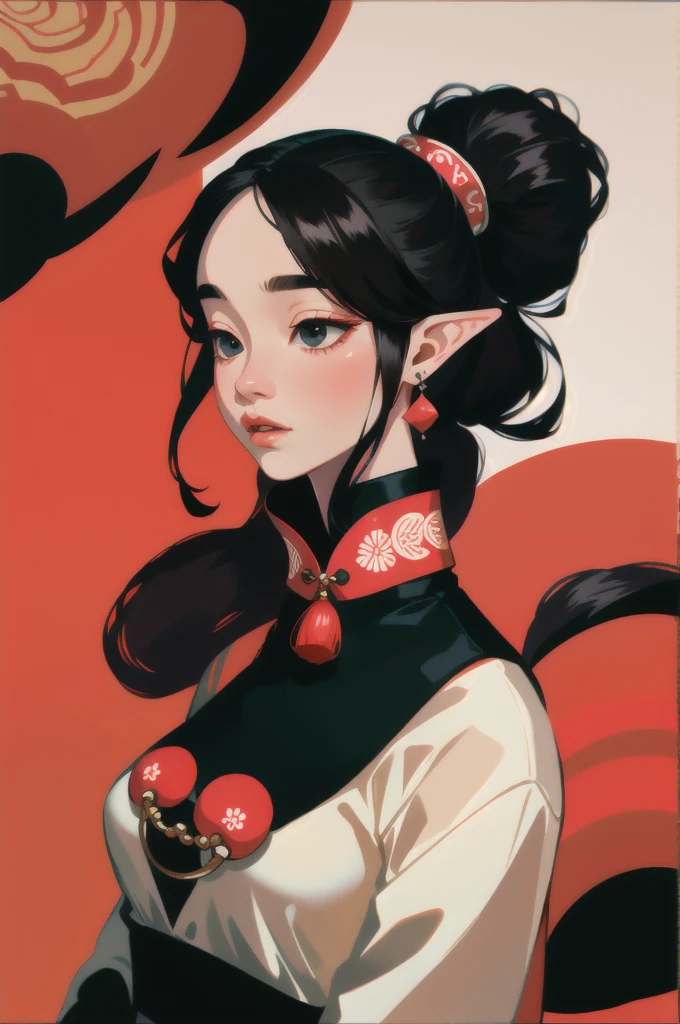 Elf with long black hair, black eyes, wearing a red chinese dress, fold earrings, traditional, medium breast, solo, simple background,