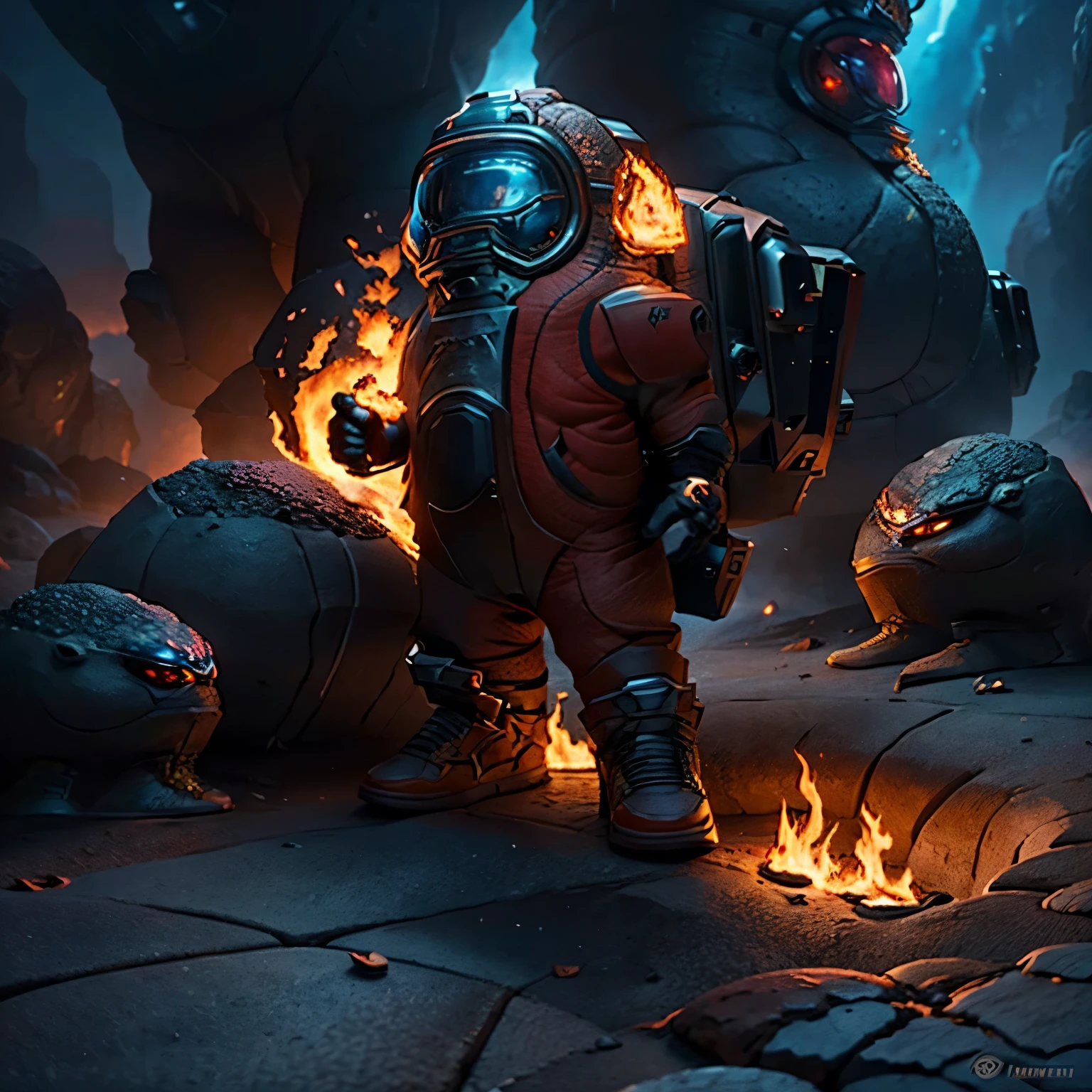 standing solo. 1character, a highly detailed and photorealistic edgAMOGUS_character, wearing an edgeAMOGUS costume, in a lava pool nature scene, lava, fire, flame, impostor, beautiful, masterpiece, hyperrealistic, 8k, cinematic lighting, dramatic hot atmosphere, extremely detailed, cartoonish image, very colorful image