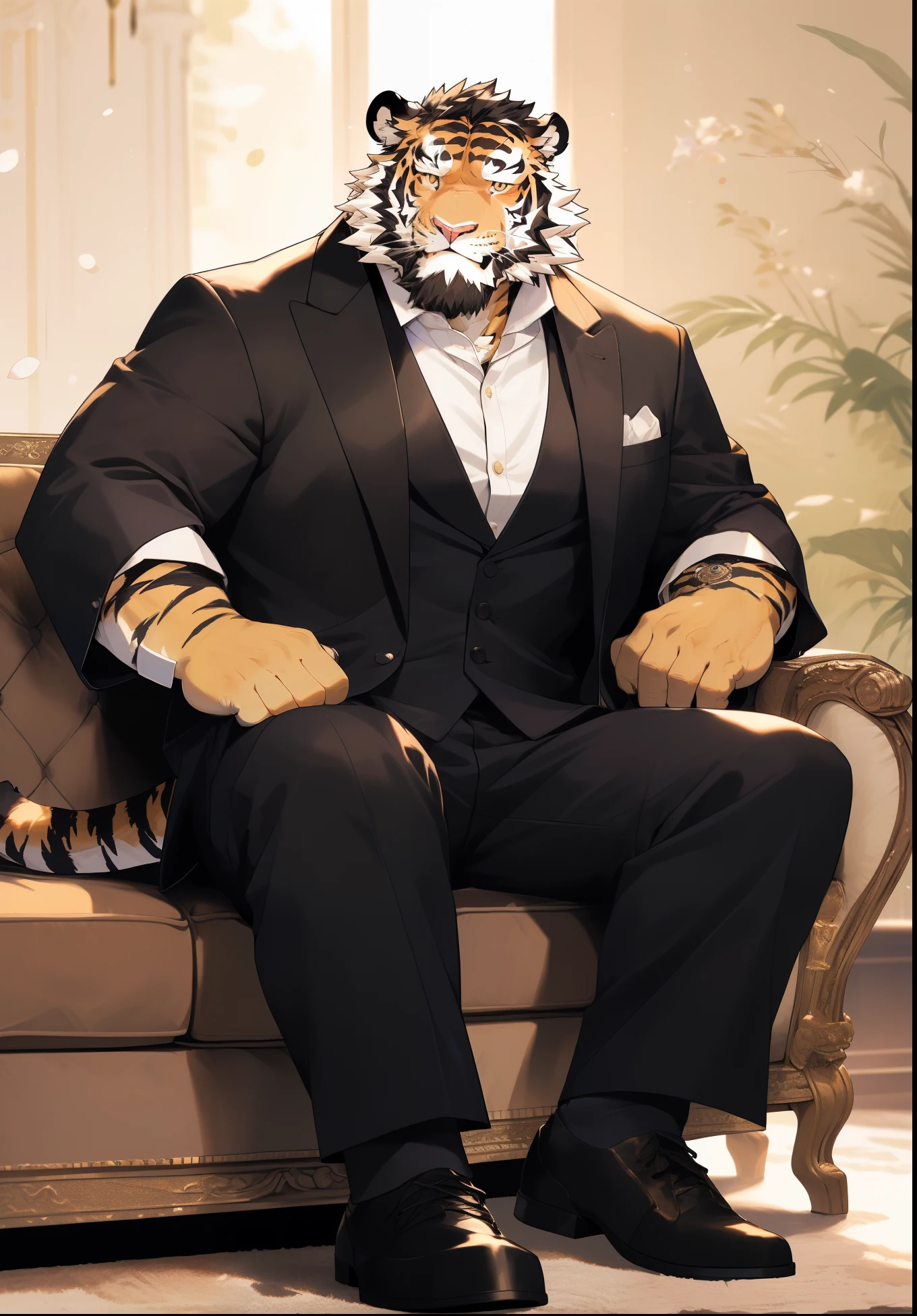 hairy，（tiger，Only formal wear，Wearing black socks），beard，Golden fur，（Sitting on the sofa），（只Wearing black socks），male，Common，See the whole body，Lift your feet，full-body shot，Real background，极其lifelike阴影，masterpiece，Very detailed，lifelike。