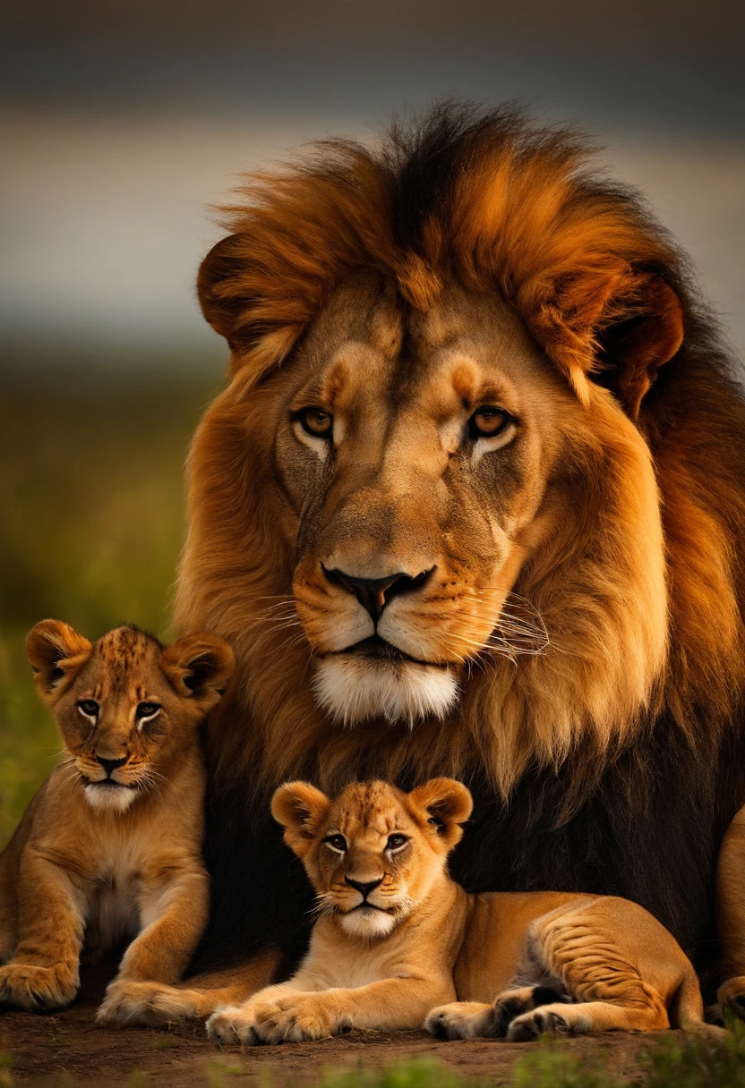 Family of lions and various animals together as friends, all like one family. Num lindo paraiso. Com cores alegres, neutras, fofas e delicada