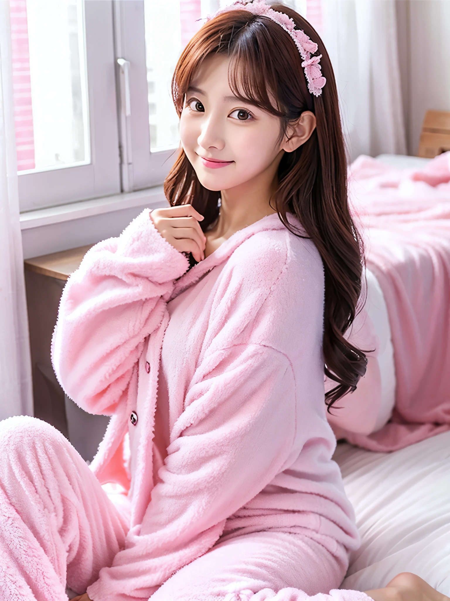A cute face like an idol　Pink pajamas　He&#39;s wearing pajamas but they&#39;re unbuttoned　Medium bust　Cleavage　高熱を出してSleeping in bed　Sweat in the chest　High fever and sweat on the face　Cleavage　In a dark room　Natural light　Sleeping in bed　Whole body　Full body portrait　RAW Photos　live-action　Genuine　Real Stick　High resolution　RAW Photos