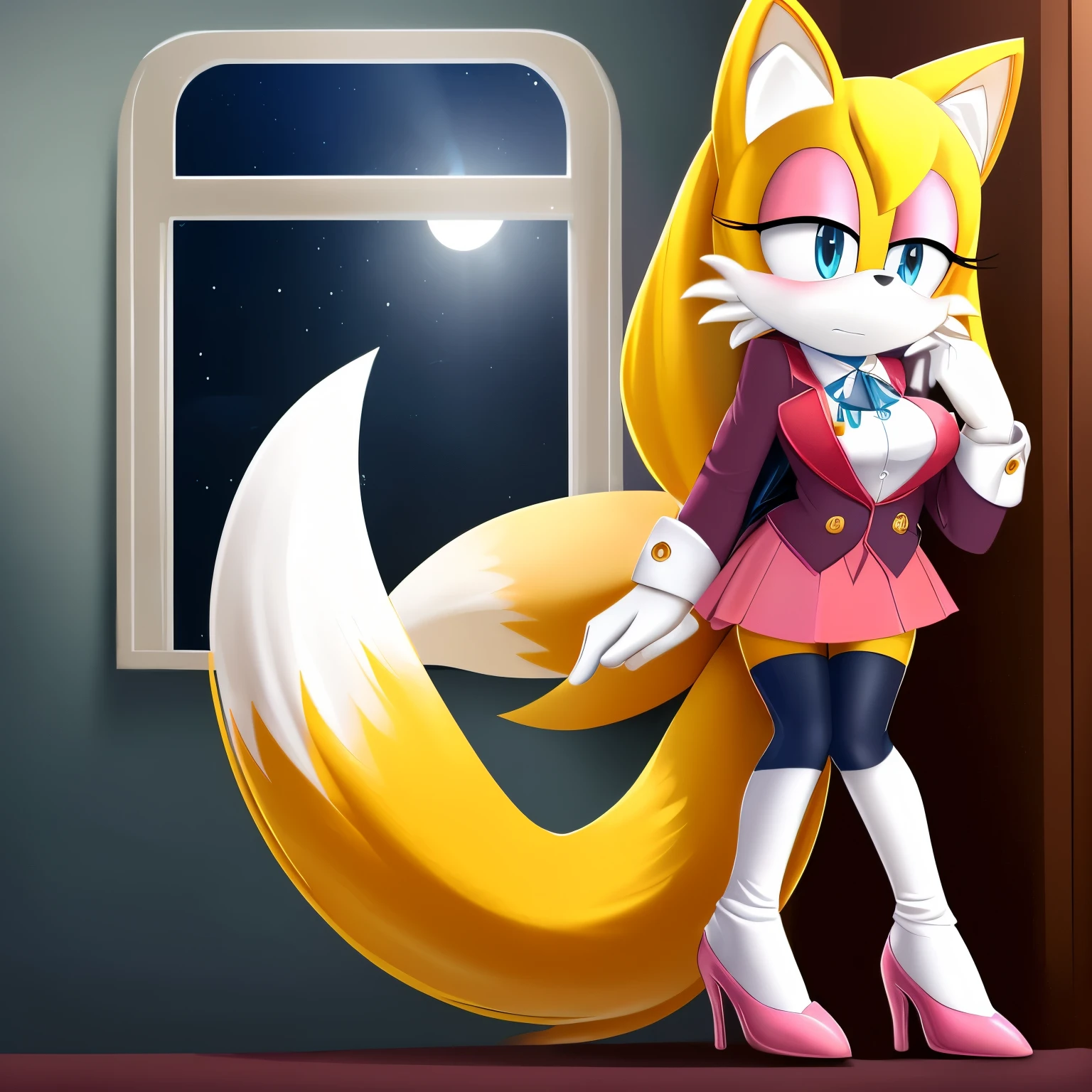 score_9, score_8_up, score_7_up, 2D, ((Masterpiece)), high quality, studio quality, solo, 1girl, (((Tails the Fox but female))), Female Tails, Female, Mobian, Fox, (((light yellow fur))), (((long light yellow hair))), light blue eyes, medium breasts, Jewel cosplay, Jewel the Beetle cosplay, Jewel’s outfit, looking at herself, (embarrassed expression), office, desk, window, night, lower back length hair, long hair, hair bangs, (nervously/scared), furry female anthro, sitting, looking down, (she wears a french rouge colored blazer with two navy buttons), ((long sleeved pinkish red blazer)), ((a white cravat attached to a gold brooch with a medium blue gem)), (((white cravat))), (a matching french rouge colored miniskirt), ((pinkish red miniskirt)), (white gloves with navy cufflinks), (navy tights), (and french rouge colored high heels), ((pinkish red high heels)), ((one hand on chest))