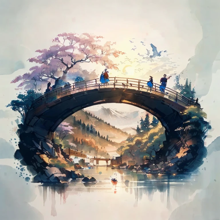 arafed view of a chinese village with a river and a clock, 2 5 6 x 2 5 6, 256x256, chinese watercolor style, dreamy chinese town, japan watercolour, onmyoji, by Ni Duan, by Leng Mei, by Ni Zan, sumi - e, by Ren Renfa, sumi-e