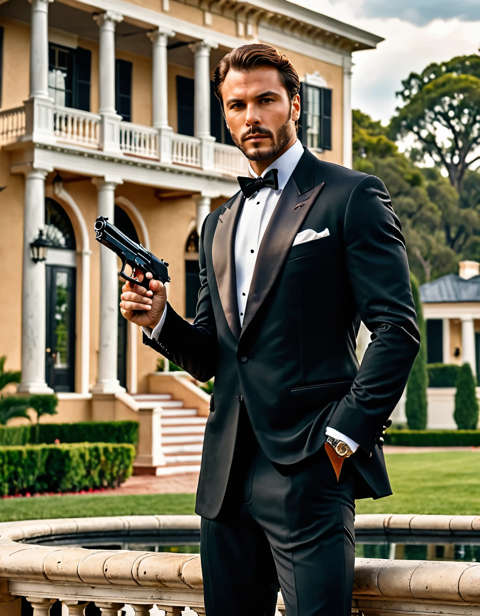 masterpiece, best quality, 1man, male focus, solo, solo focus, hispanic, perfect hands, holding pistol with one hand, (beretta 92), brown hair, hazel eyes, tuxedo, black tuxedo, danger atmosphere, mansion backdrop, combed back hair, white shirt, black pants, dress shoes, matching shoes. outdoors, looking away.