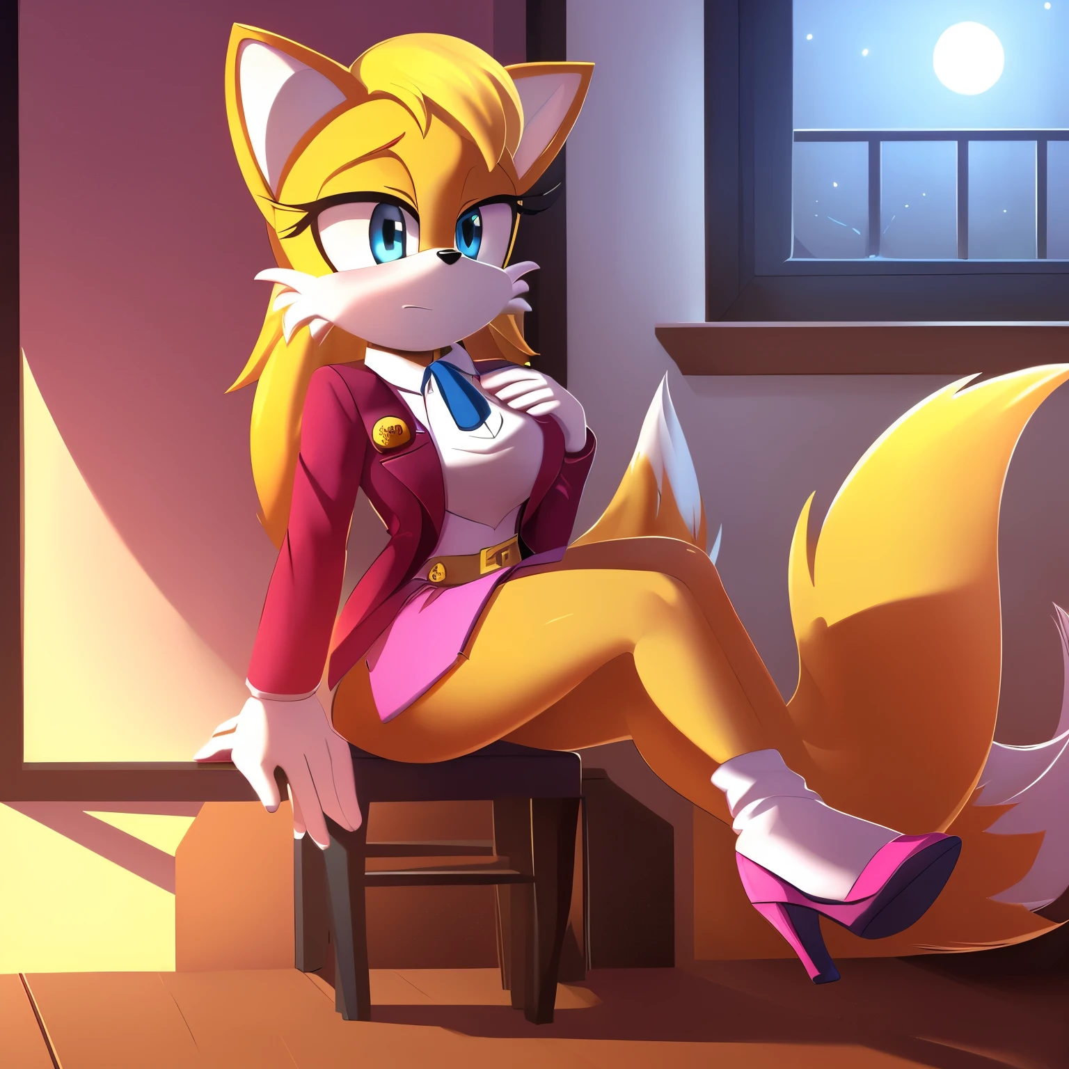 score_9, score_8_up, score_7_up, 2D, ((Masterpiece)), high quality, studio quality, solo, 1girl, (((Tails the Fox but female))), Female Tails, Female, Mobian, Fox, (((light yellow fur))), (((long light yellow hair))), light blue eyes, medium breasts, Jewel cosplay, Jewel the Beetle cosplay, Jewel’s outfit, looking at herself, (embarrassed expression), office, desk, window, night, lower back length hair, long hair, hair bangs, (nervously/scared), furry female anthro, sitting, looking down, (she wears a french rouge colored blazer with two navy buttons), ((long sleeved pinkish red blazer)), ((a white cravat attached to a gold brooch with a medium blue gem)), (((white cravat))), (a matching french rouge colored miniskirt), ((pinkish red miniskirt)), (white gloves with navy cufflinks), (navy tights), (and french rouge colored high heels), ((pinkish red high heels)), ((one hand on chest))