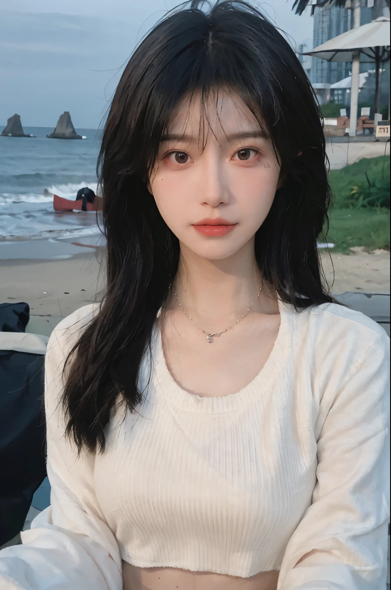 Best quality,Ultra-high resolution,(lifelike:1.4),Cute hairpin,1girll,Long curly hair,quarter sweater,Blush,Slim beauty:1.4,Visible abdominal muscles,on the beach,Ultra-fine face,Exquisite eyes,Double eyelids,necklace