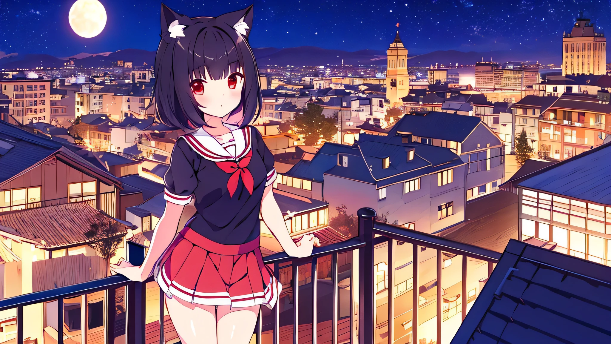 1 girl black  hair red eyes mahou Shoujo short skirt  on top of a building in starry sky with full moon cola de gato nekomimi 