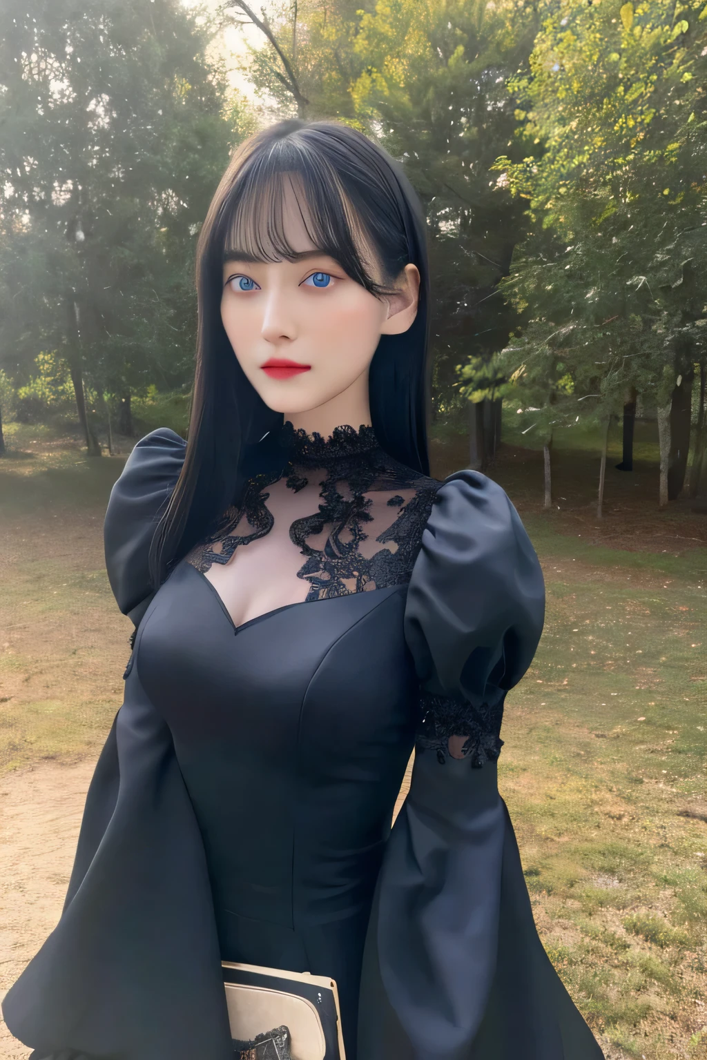 masterpiece, highest quality, High resolution, translation, blue eyes, Mole under the mouth, Clothing cutouts, Long sleeve, Puffy sleeves,  Juliet Sleeve, Feather ornament, Black knee socks, Black gloves, Black Dress, Black Skirt, Cowboy Shot, Are standing, Outdoor