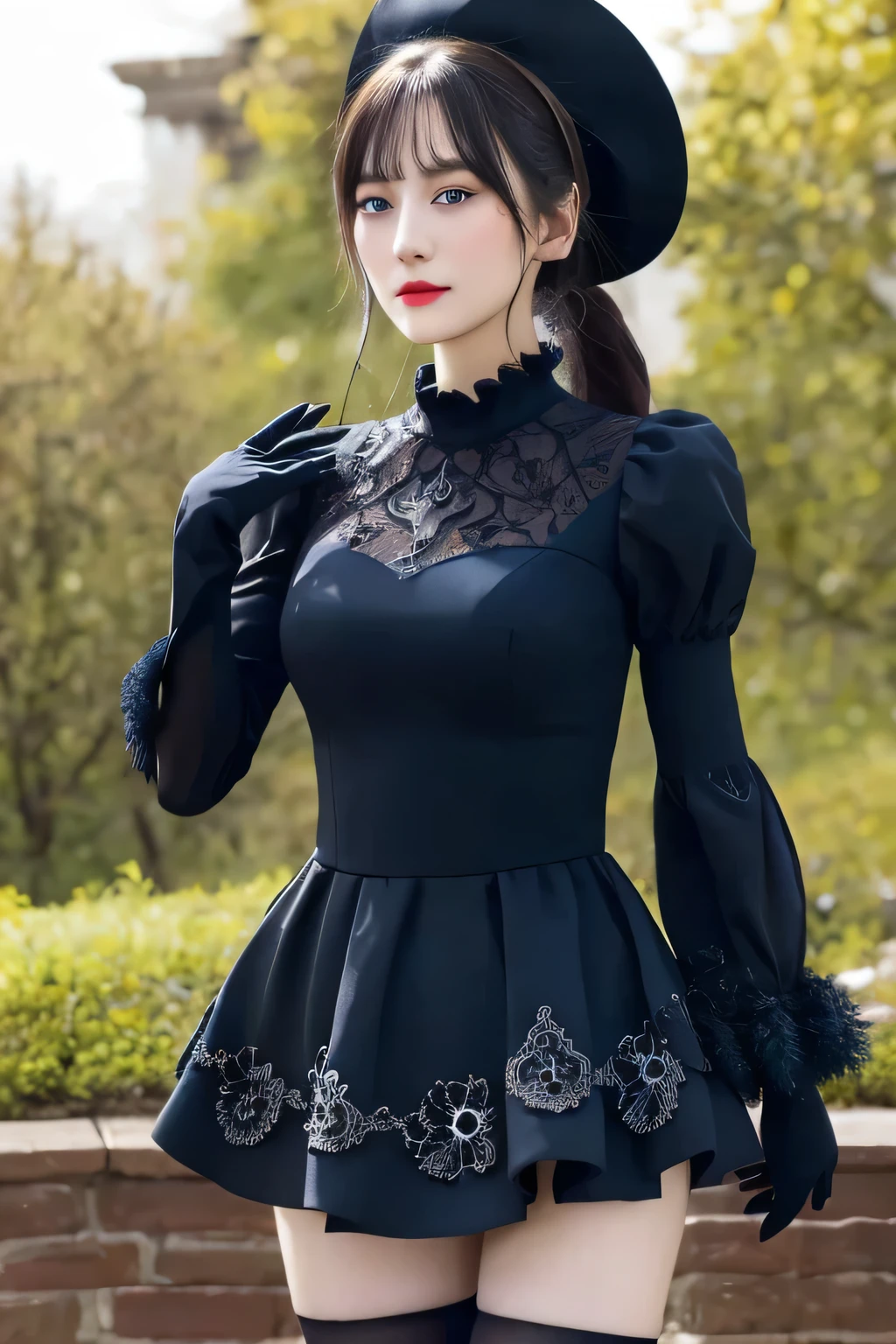 masterpiece, highest quality, High resolution, translation, blue eyes, Mole under the mouth, Clothing cutouts, Long sleeve, Puffy sleeves,  Juliet Sleeve, Feather ornament, Black knee socks, Black gloves, Black Dress, Black Skirt, Cowboy Shot, Are standing, Outdoor