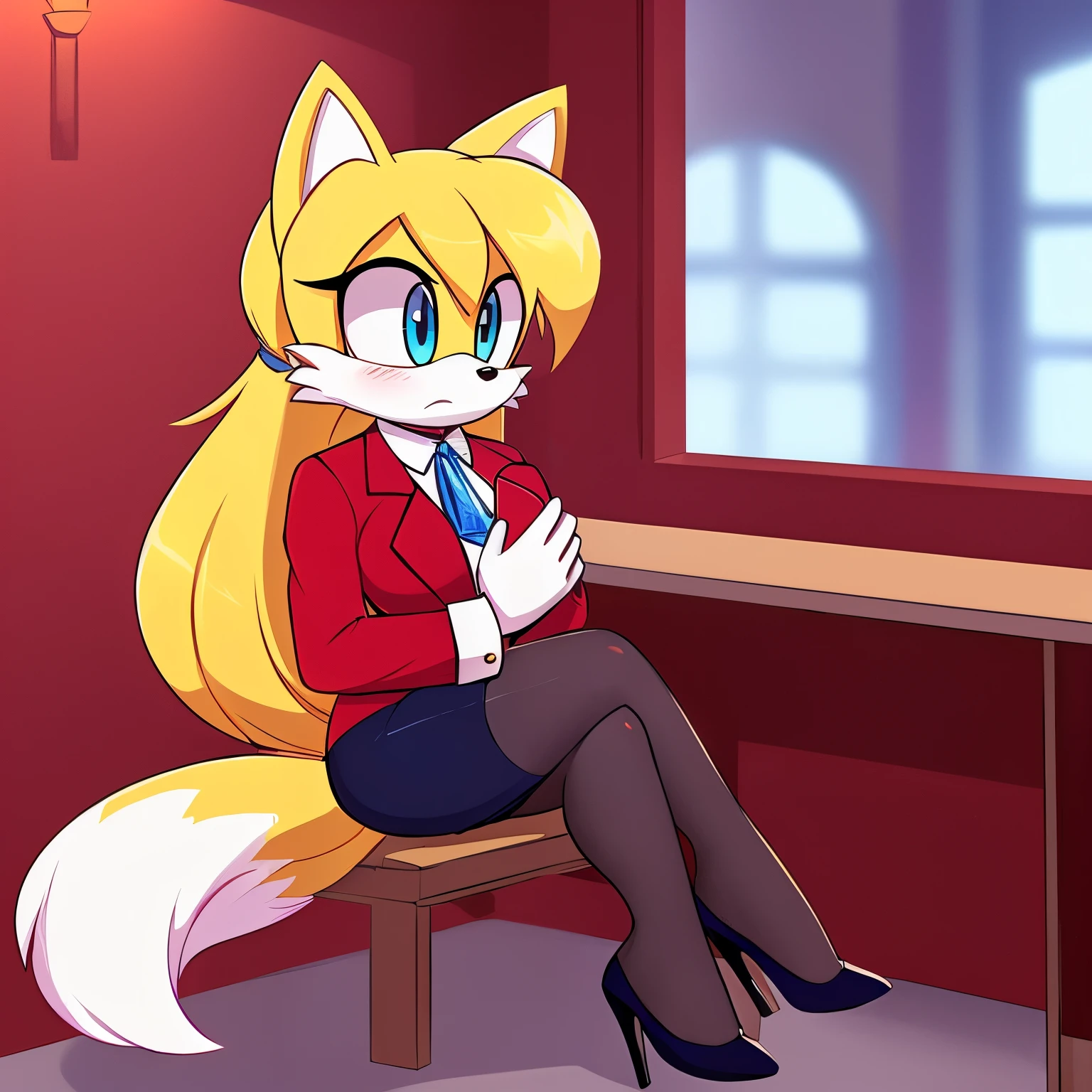 score_9, score_8_up, score_7_up, 2D, ((Masterpiece)), high quality, studio quality, solo, 1girl, (((Tails the Fox but female))), Female Tails, Female, Mobian, Fox, (((light yellow fur))), (((long light yellow hair))), light blue eyes, medium breasts, Jewel cosplay, Jewel the Beetle cosplay, Jewel’s outfit, looking at herself, (embarrassed expression), office, desk, window, night, lower back length hair, long hair, (hair bangs), (nervously/scared), furry female anthro, sitting, looking down, (she wears a rose red colored blazer with two navy buttons), ((long sleeved pinkish red blazer)), (((white cravat))), gold brooch with medium blue gem, (a matching rose red colored pencil skirt), ((rose red pencil skirt)), (white gloves with navy cufflinks), (navy tights), (rose red colored high heels), ((rose red high heels)), (((one hand on chest)))
