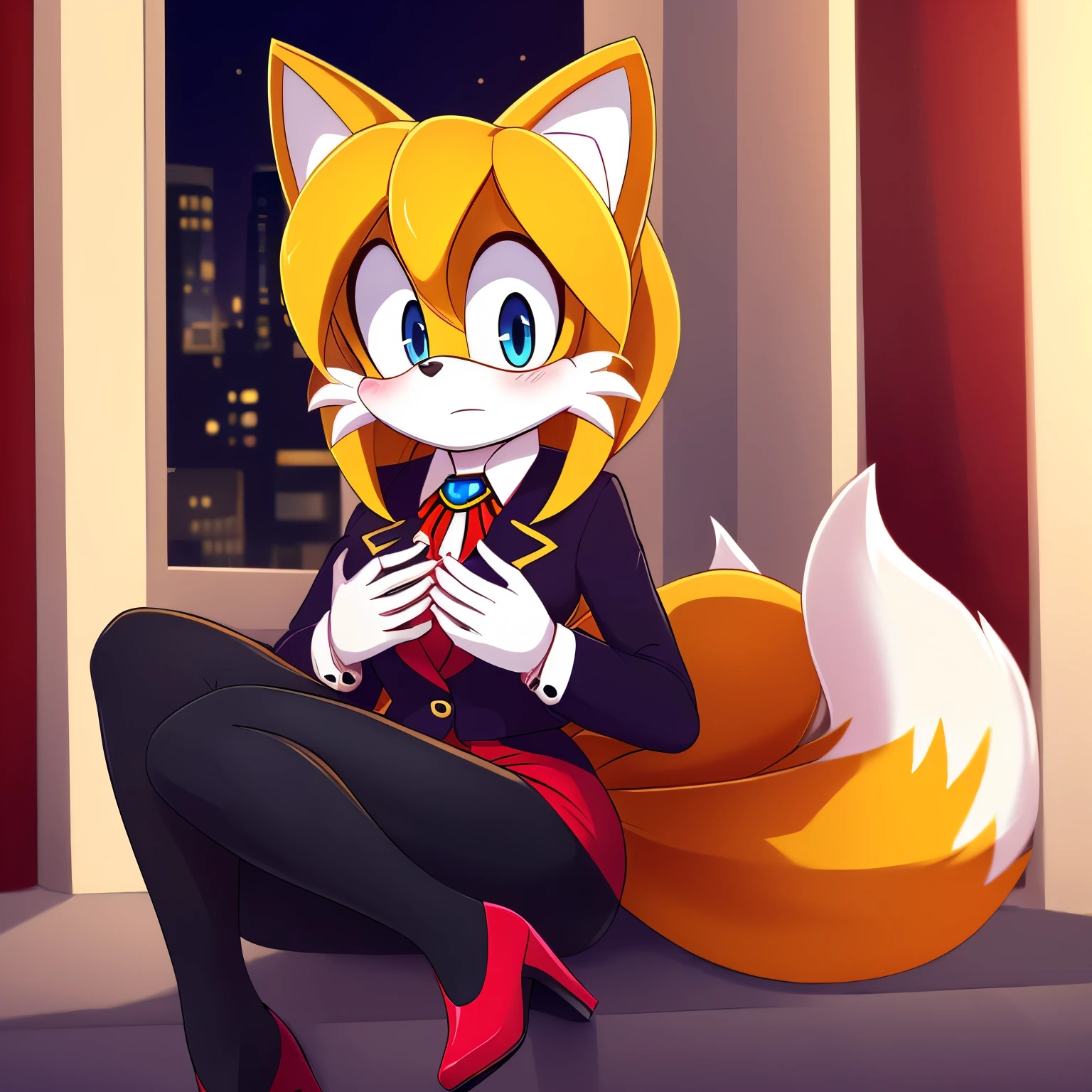 score_9, score_8_up, score_7_up, 2D, ((Masterpiece)), high quality, studio quality, ((solo)), ((1girl)), (((Tails the Fox but female))), Female Tails, Female, Mobian, Fox, (((light yellow fur))), (((long light yellow hair))), light blue eyes, medium breasts, Jewel cosplay, Jewel the Beetle cosplay, Jewel’s outfit, looking at herself, (embarrassed expression), office, desk, window, night, lower back length hair, long hair, (hair bangs), (nervously/scared), furry female anthro, sitting, looking down, (she wears a rose red colored blazer with two navy buttons), ((long sleeved rose red blazer)), (((white cravat))), gold brooch with medium blue gem, (a matching rose red colored pencil skirt), (((rose red pencil skirt))), (white gloves with navy cufflinks), ((navy tights)), (rose red colored high heels), ((rose red high heels)), (((one hand on chest)))