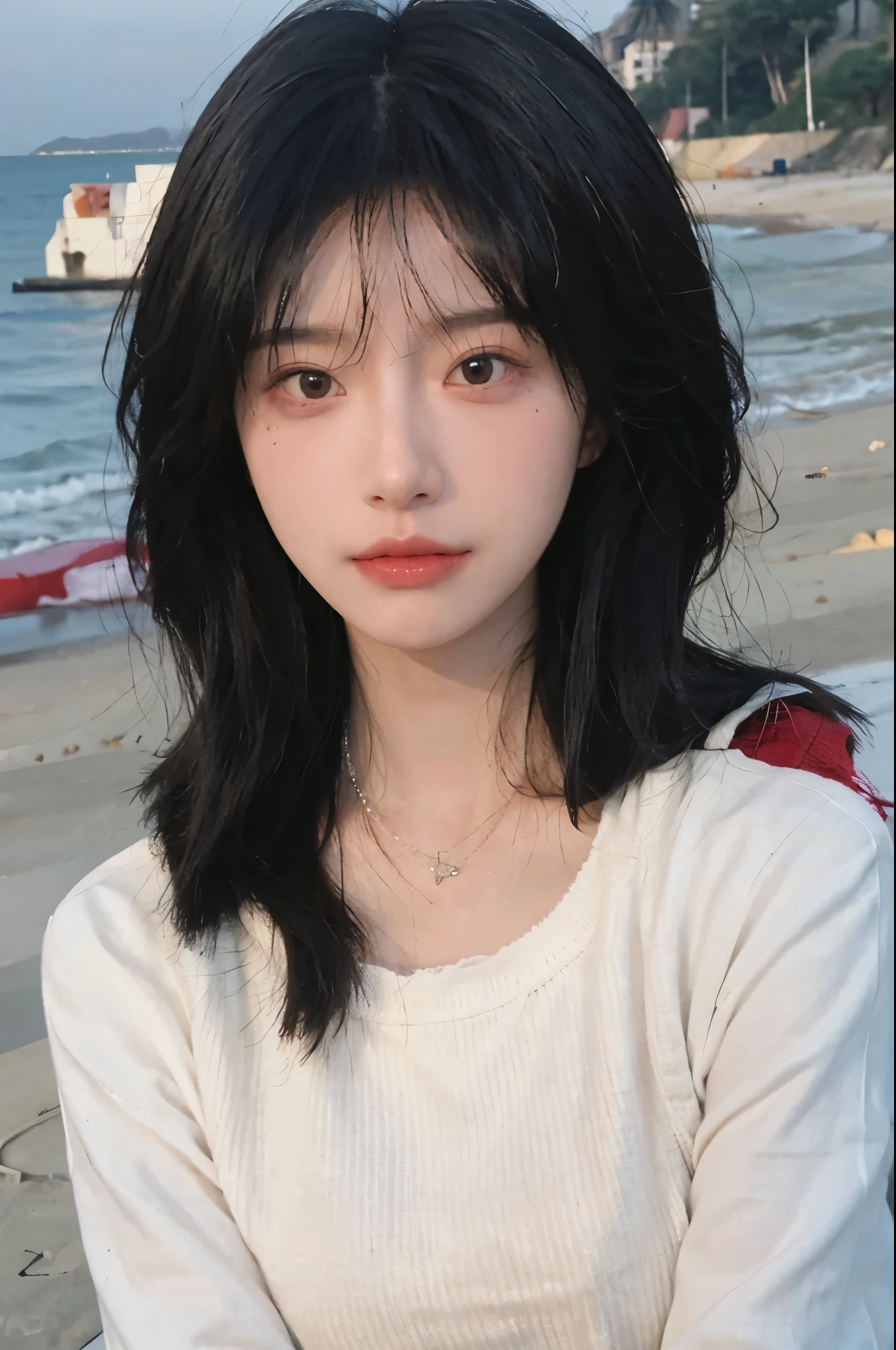 Best quality,Ultra-high resolution,(lifelike:1.4),Cute hairpin,1girll,Long curly hair,quarter sweater,Blush,Slim beauty:1.4,Visible abdominal muscles,on the beach,Ultra-fine face,Exquisite eyes,Double eyelids,necklace